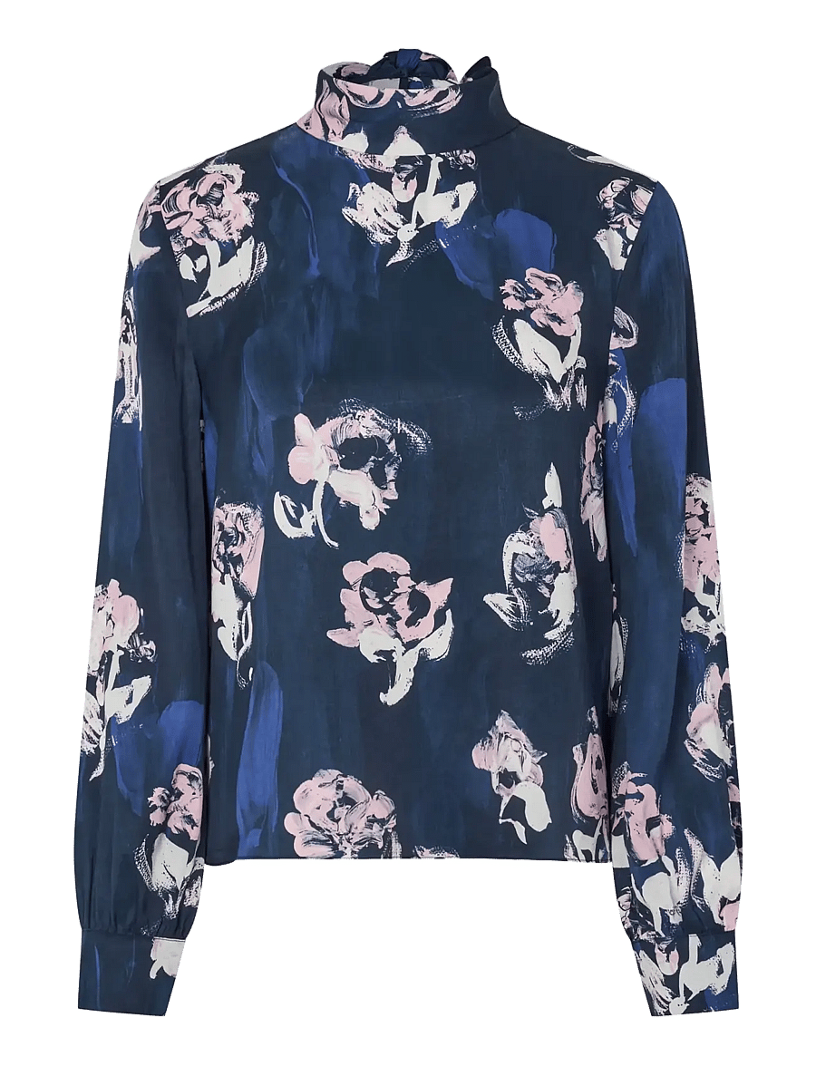 STINE GOYA - 2263 Dry Viscose, Back Tie Blouse - long sleeved blouses - blush roses on indigo - 1