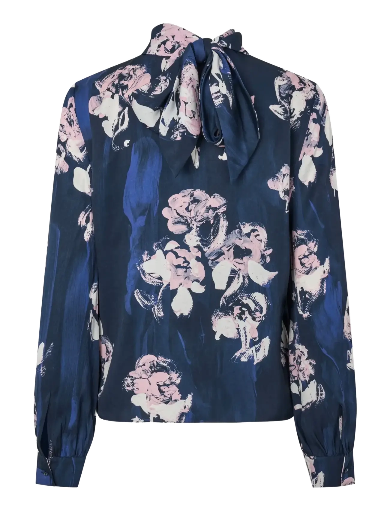 STINE GOYA - 2263 Dry Viscose, Back Tie Blouse - long sleeved blouses - blush roses on indigo - 2