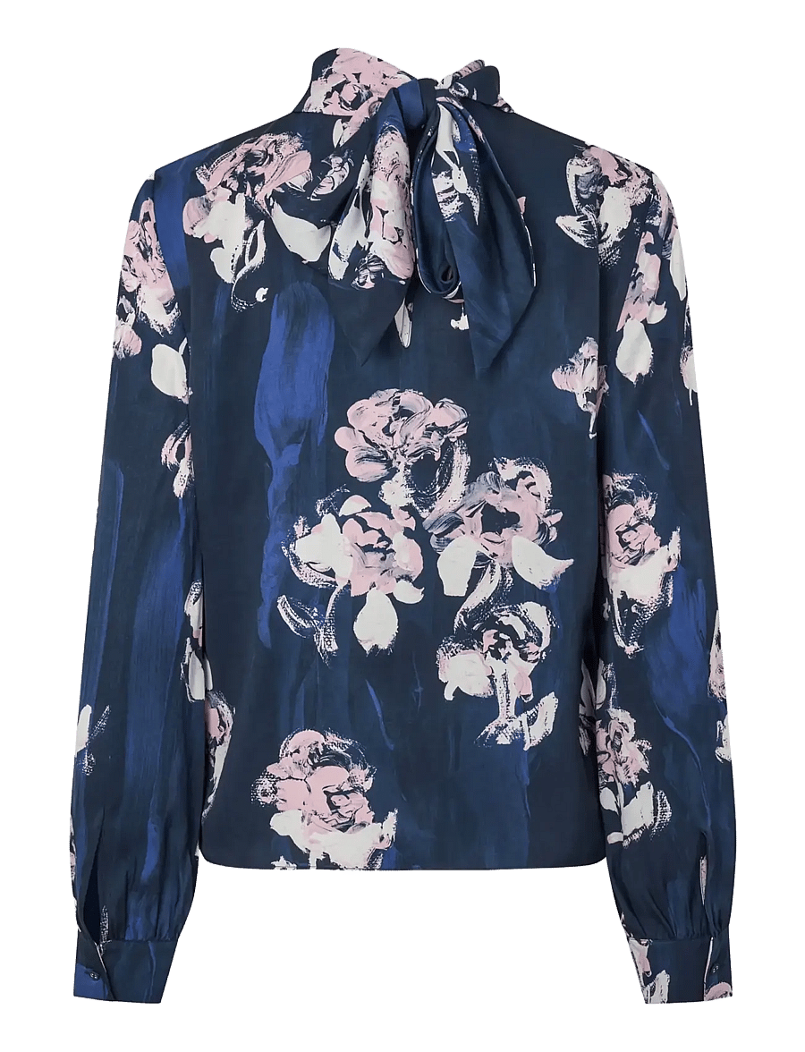STINE GOYA - 2263 Dry Viscose, Back Tie Blouse - long sleeved blouses - blush roses on indigo - 2