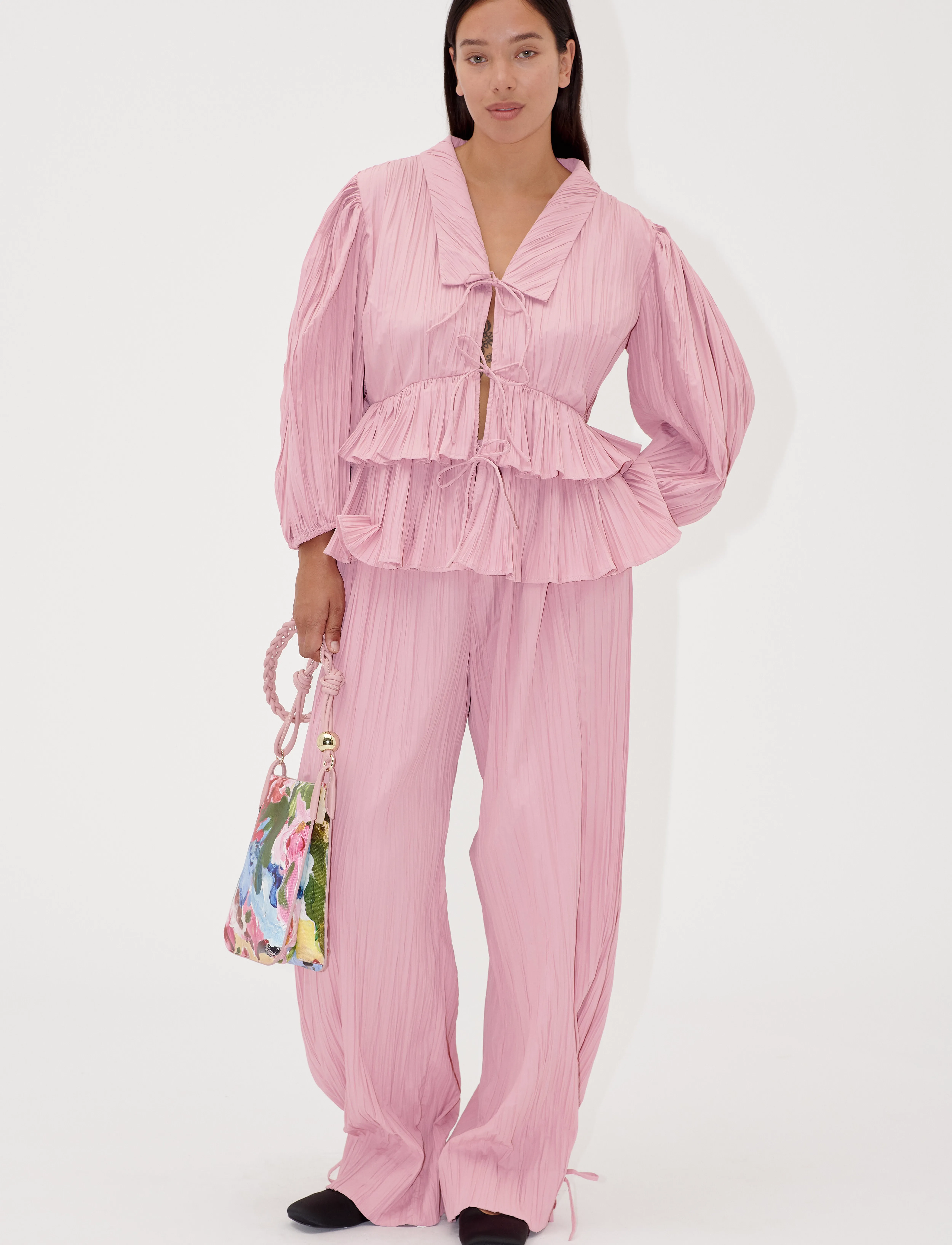 STINE GOYA - 2342 Pleated Poly, Loose Pants w/ Tie - buxur með beinum skálmum - pink nectar - 2