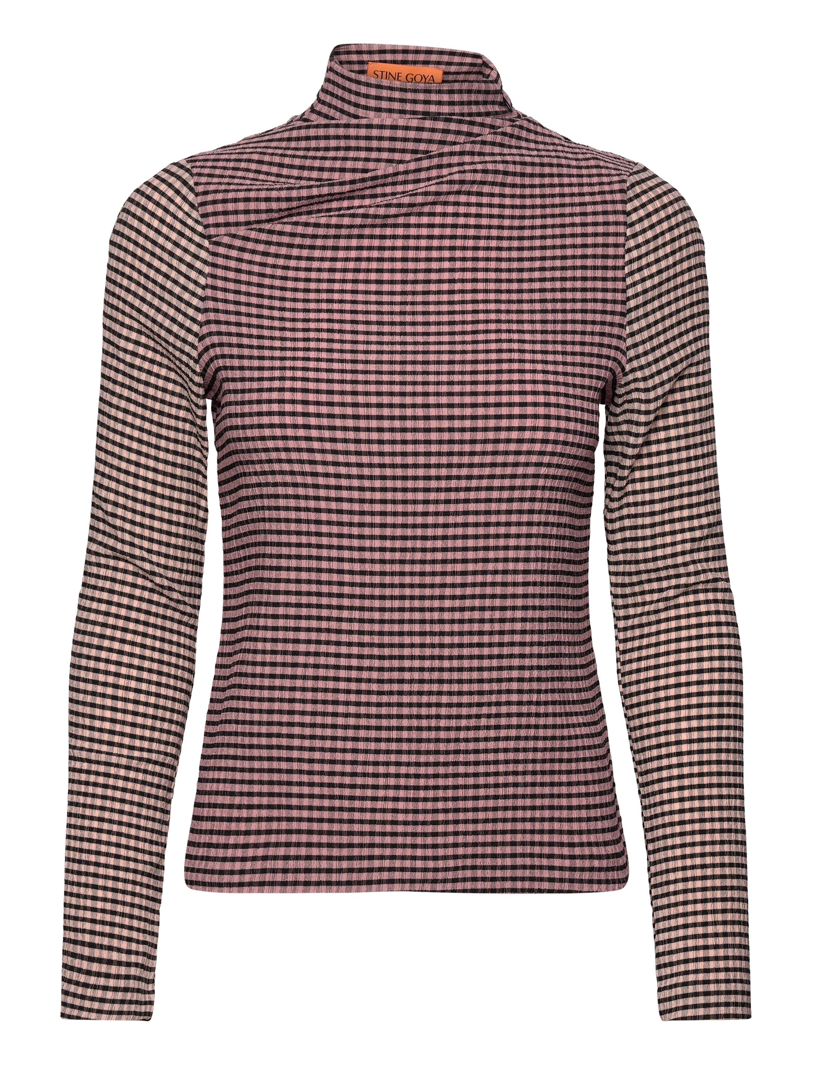 STINE GOYA 2247 Patchwork Jersey, Long Sleeve, Kvinder, Patchwork Gingham Højhalset Top, Pink, Str: XXS