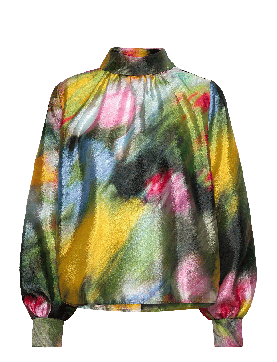 STINE GOYA - 2067 Flat Textured Poly, Gathered Long Sleeve Top - langärmlige blusen - liquid floral - 0