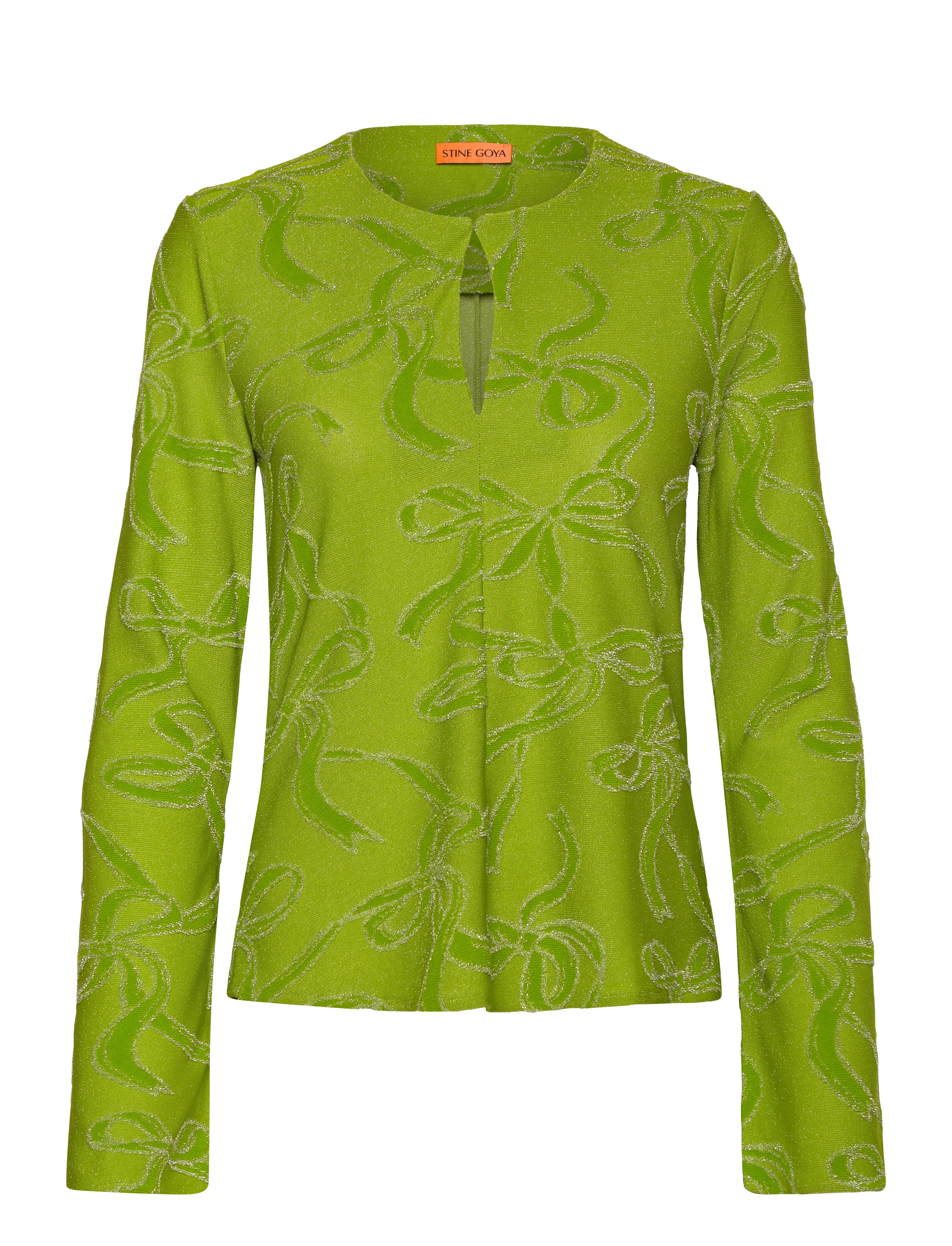 STINE GOYA 2246 Lurex Jersey, Long Sleeve Tie, Kvinder, Langærmet Lurex Sløjfe Print Jersey Top, Grøn, Str: XXS