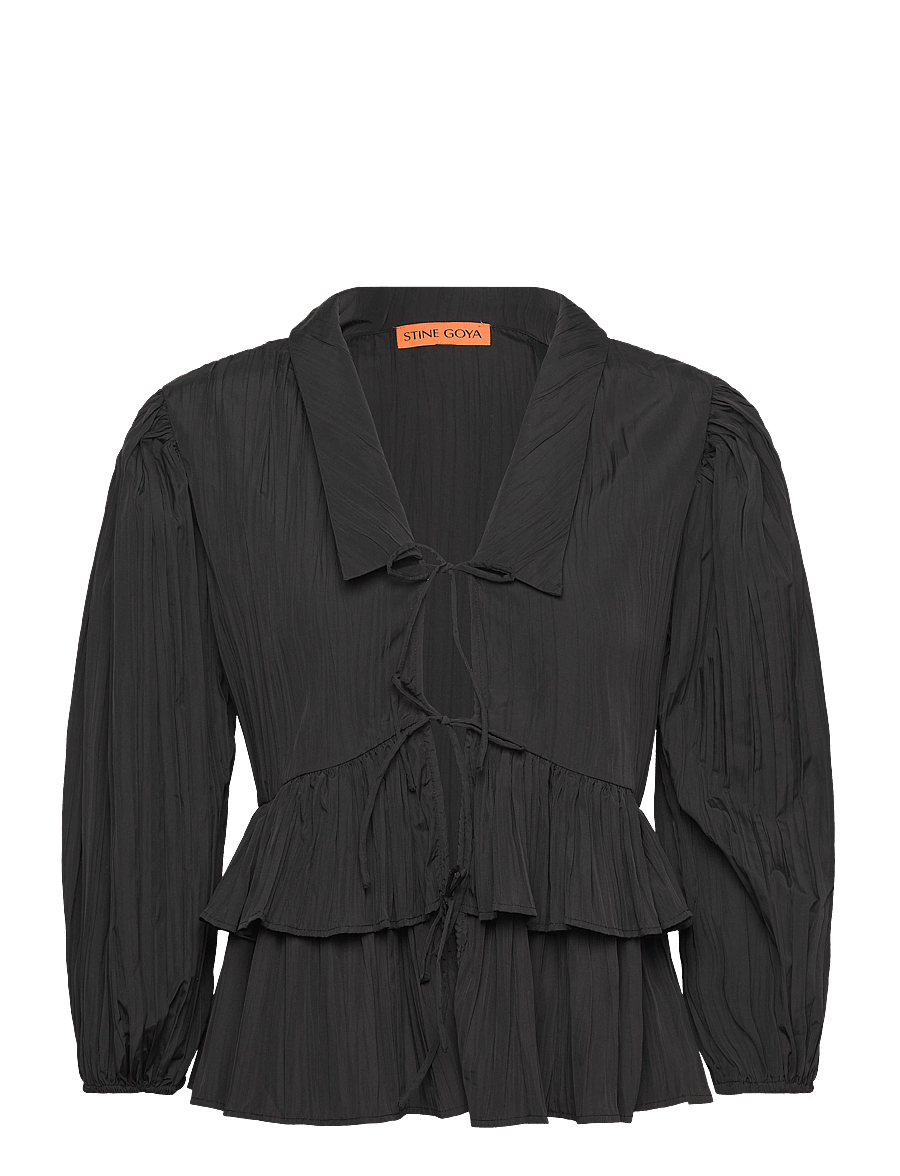 STINE GOYA - 2342 Pleated Poly, Balloon Sleeve Tie Top - langærmede bluser - black - 0