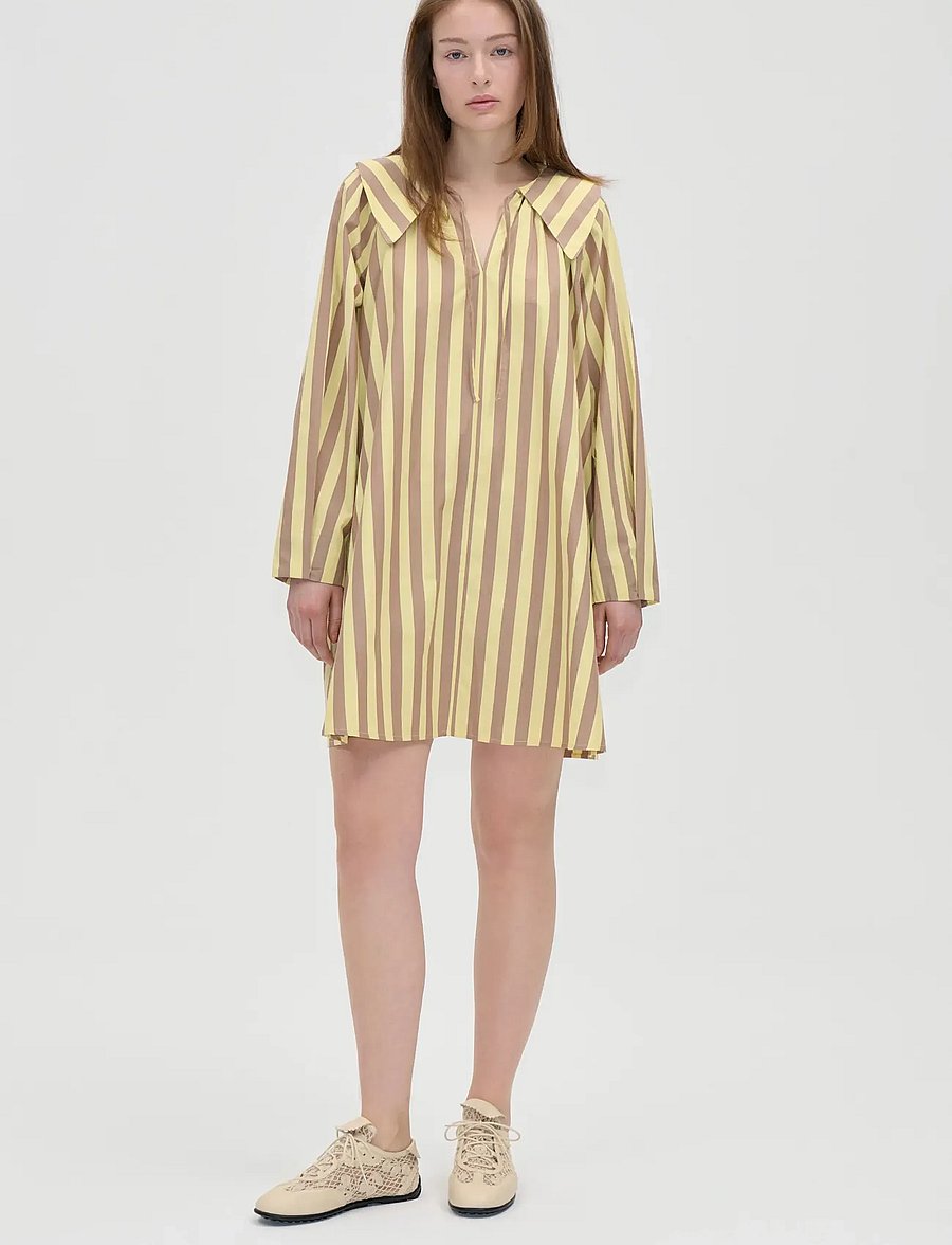 STINE GOYA - Soft Striped Embroidery, Collared Voluminous Dress - skjortekjoler - equestrian sun - 0