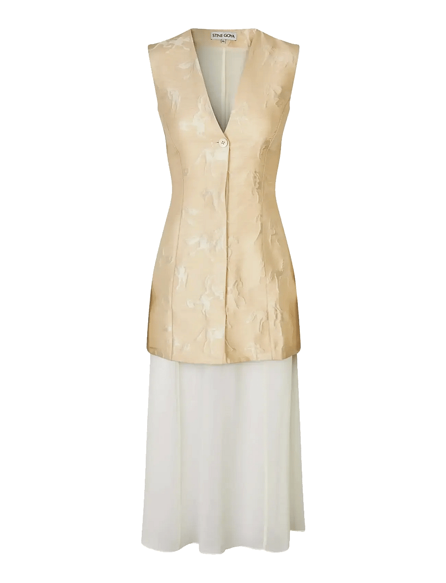 STINE GOYA - Jacquard Tailoring, Waistcoat Tailored Midi Dress - aftenkjoler - porcelain cream - 1