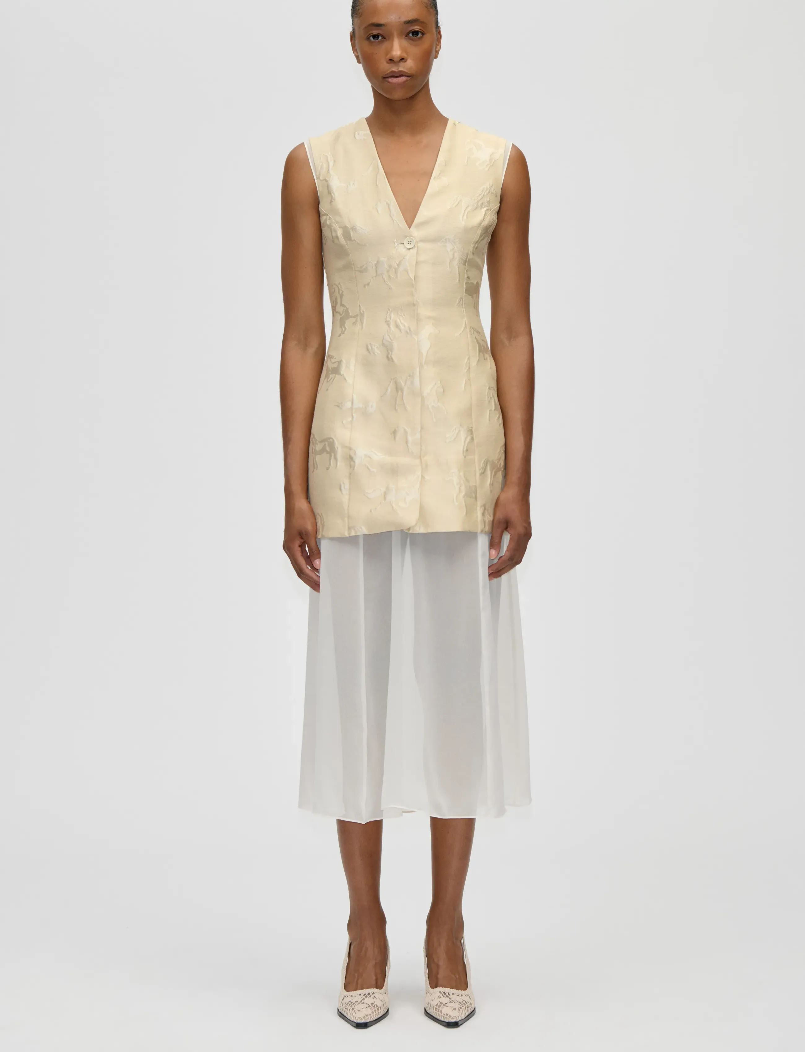 STINE GOYA Jacquard Tailoring, Waistcoat Tailored Midi Dress - Riided - PORCELAIN CREAM / cream