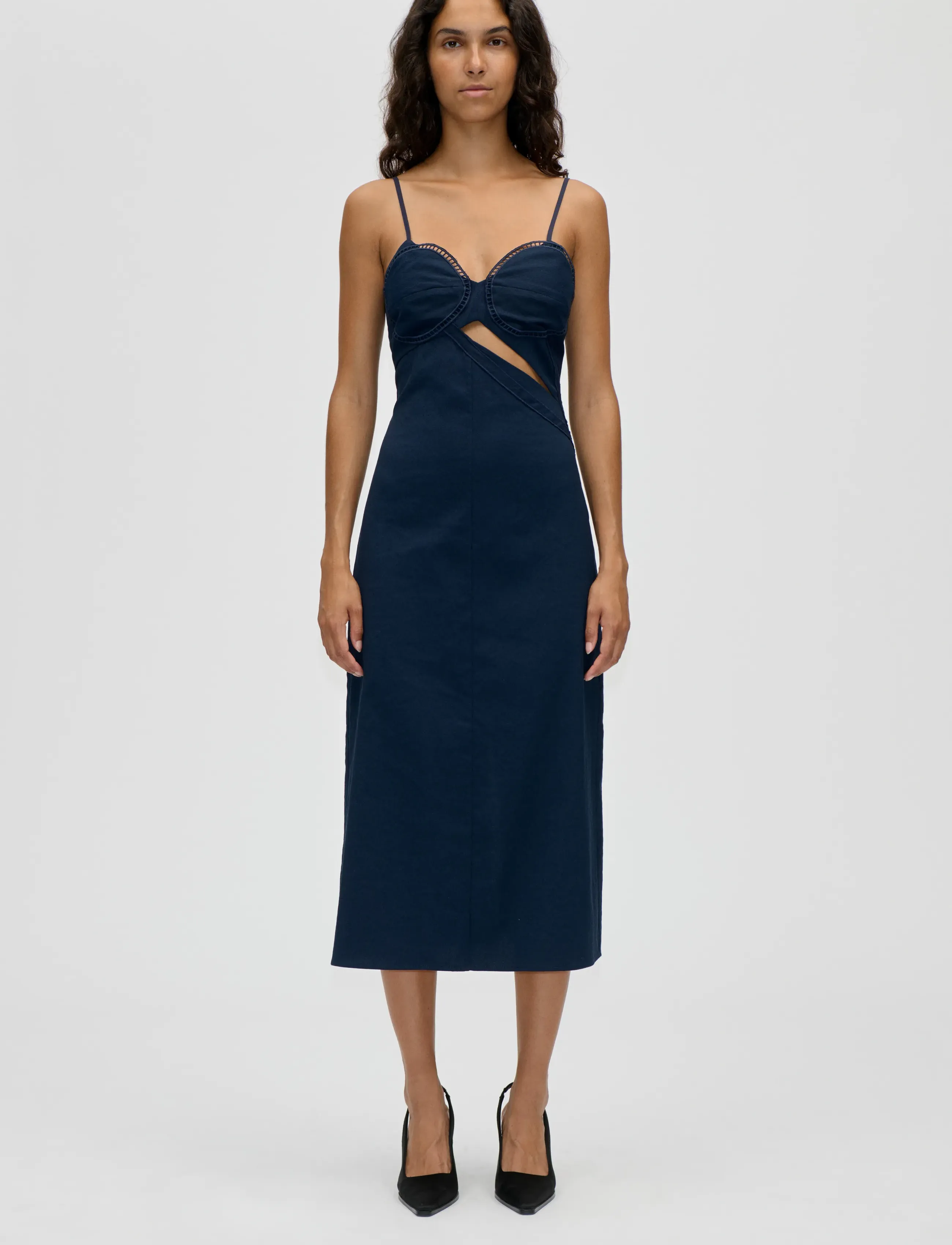 STINE GOYA Embroidered Canvas, Strap Eyelet Midi Dress - STINE GOYA - CHERRIES ON A PAISLEY / navy