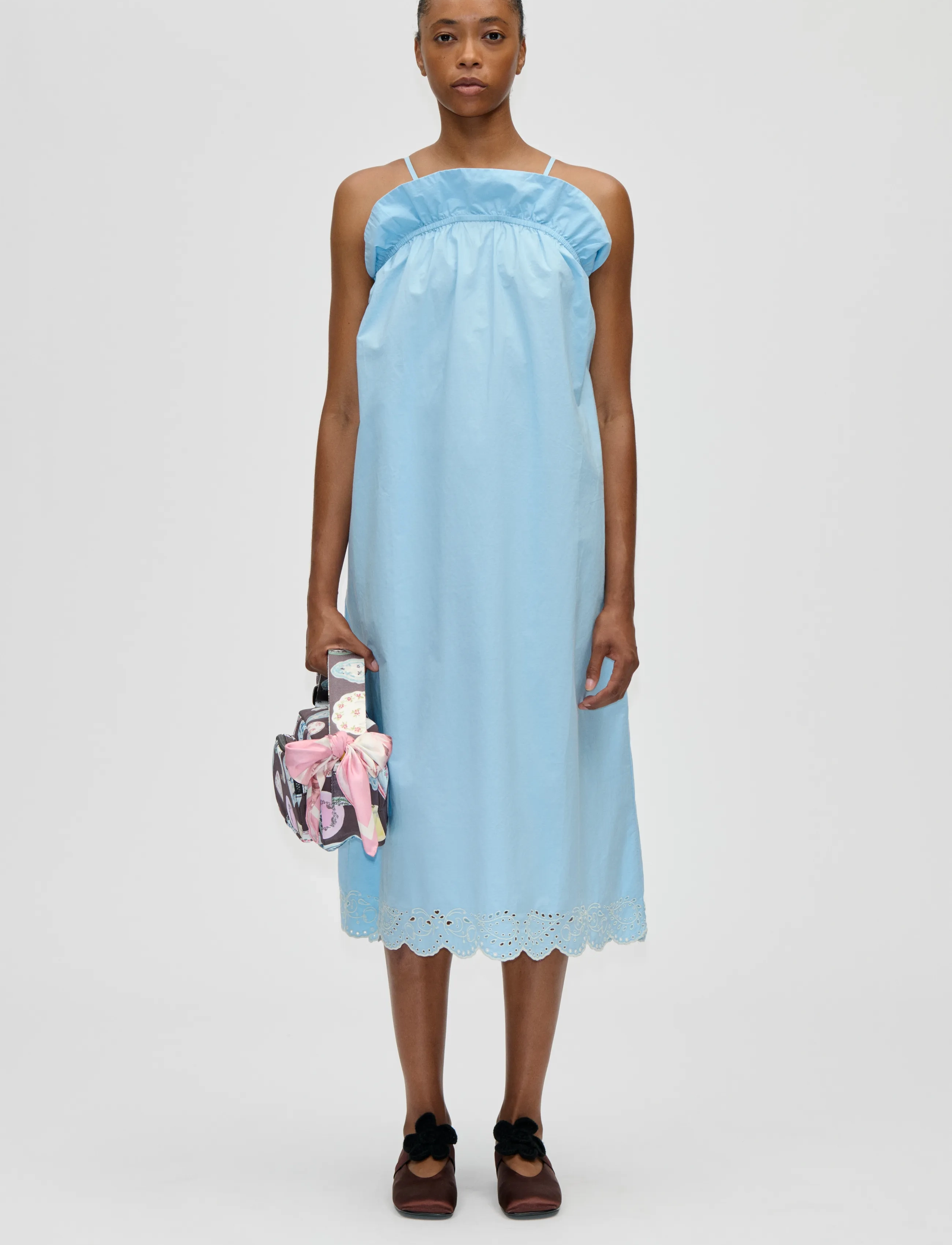 STINE GOYA Light Cotton, Scalloped Strap Midi Dress - STINE GOYA - TEAPOT BLUE / blue