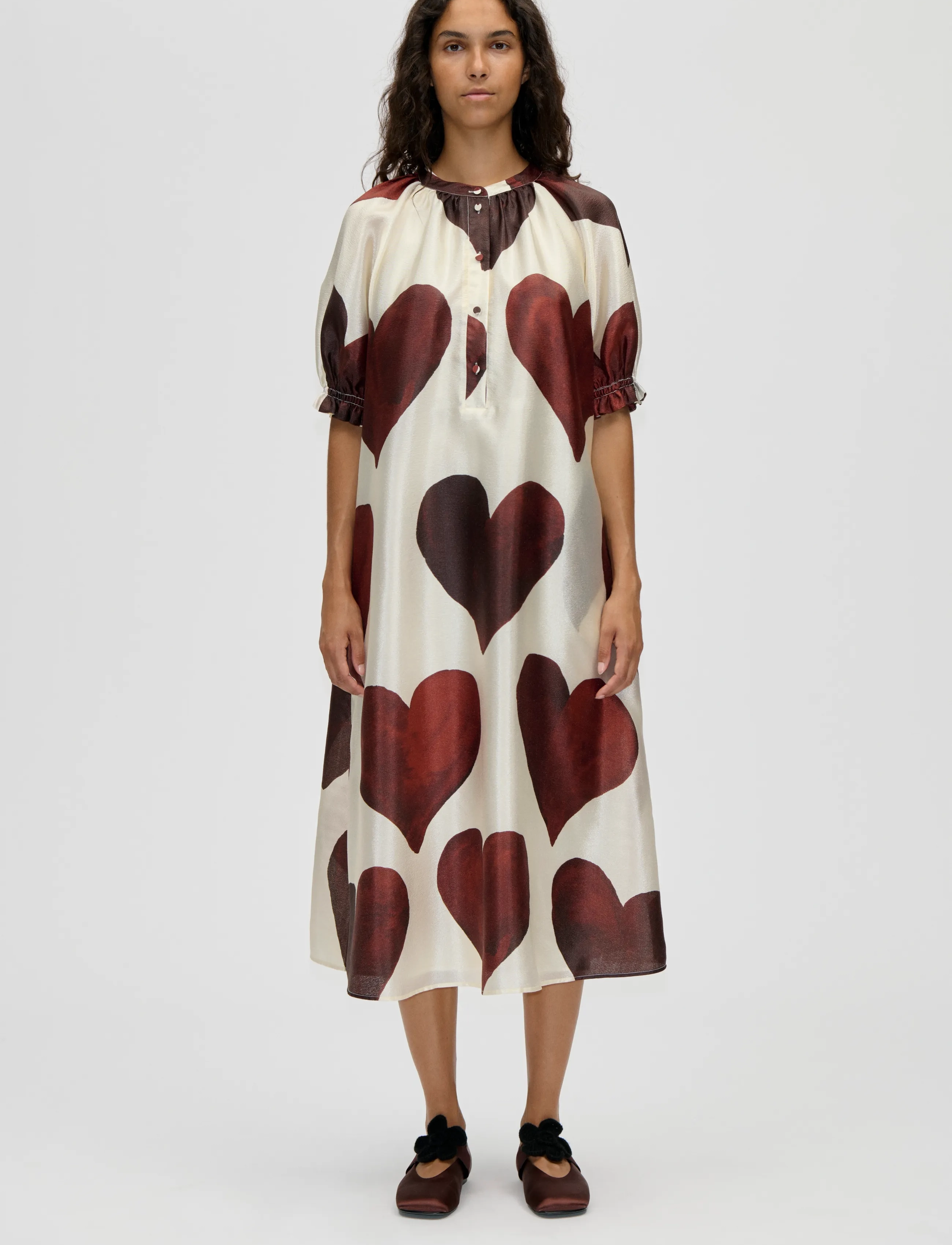 STINE GOYA Flat Textured Poly, Front Placket Long Dress - STINE GOYA - HEARTS / red