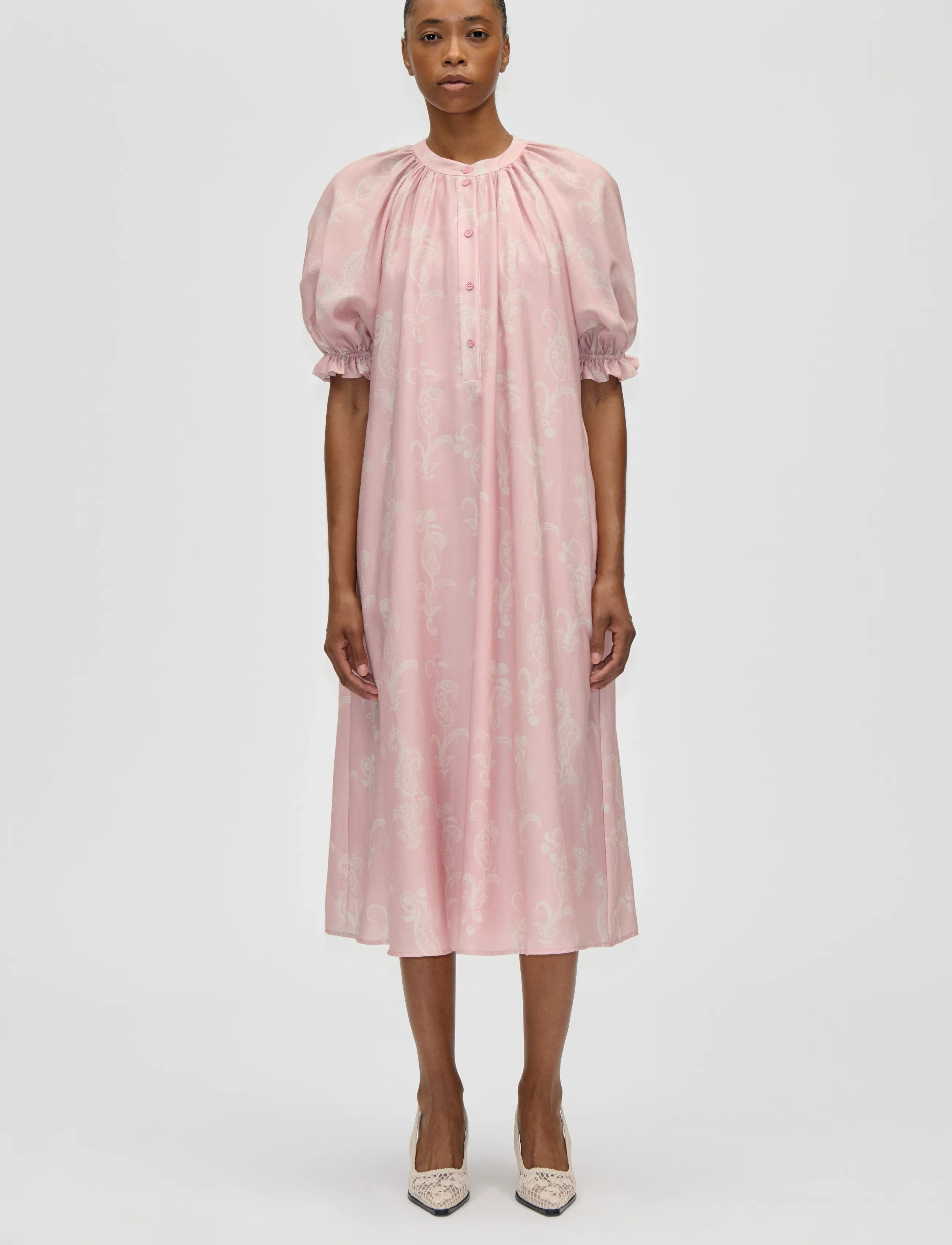 STINE GOYA Tencel, Front Placket Long Dress - STINE GOYA - CHERRIES ON A PAISLEY / pink/rose