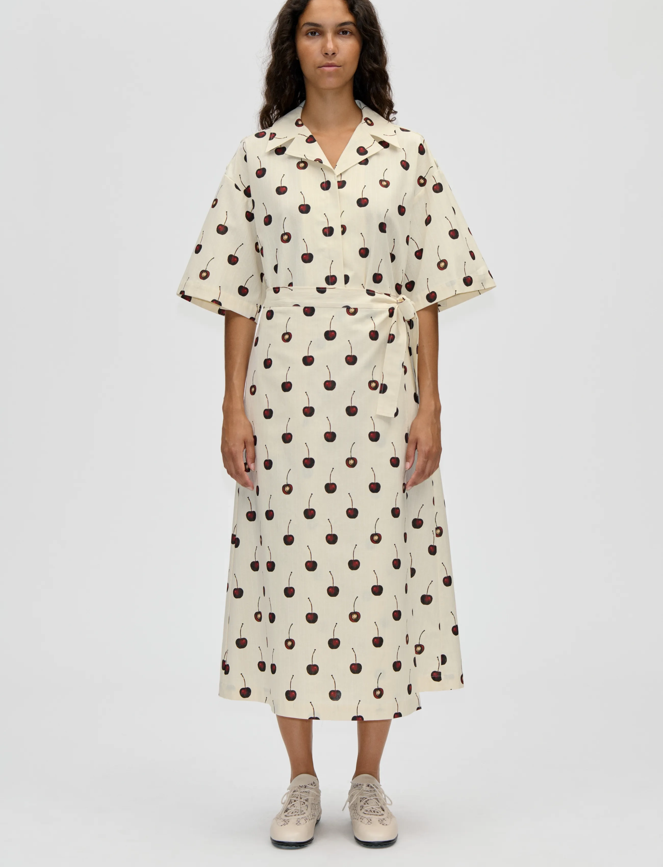 STINE GOYA Crisp Stripe Shirting, Workwear Midi Dress - STINE GOYA - CHERRIES / cream