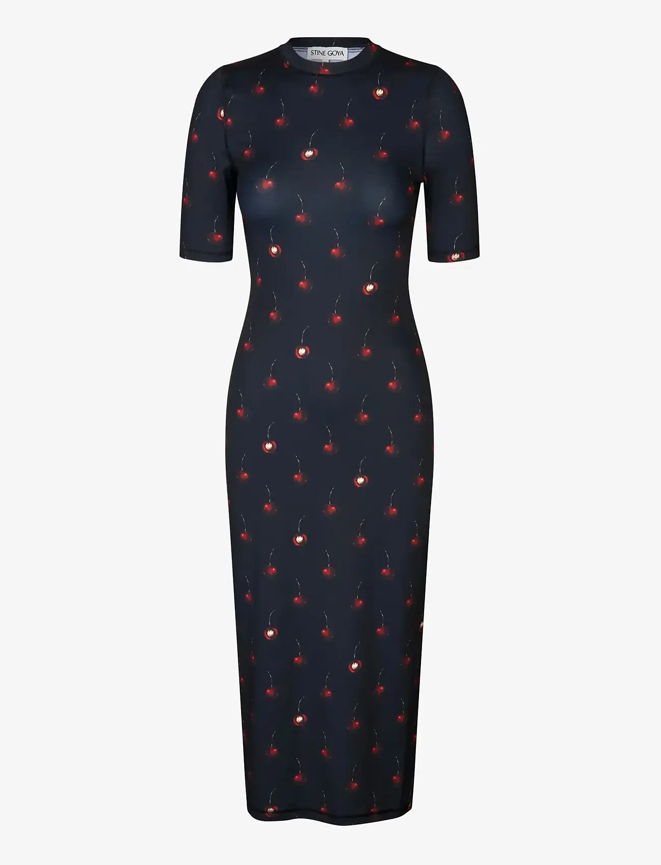 STINE GOYA - Stocking Jersey, Short Sleeve Crewneck Midi Dress - maxikjoler - cherries - 1