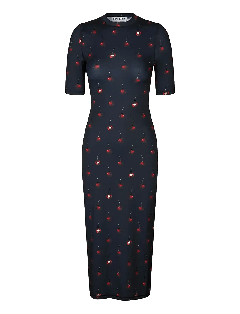 STINE GOYA - Stocking Jersey, Short Sleeve Crewneck Midi Dress - maxikjoler - cherries - 1