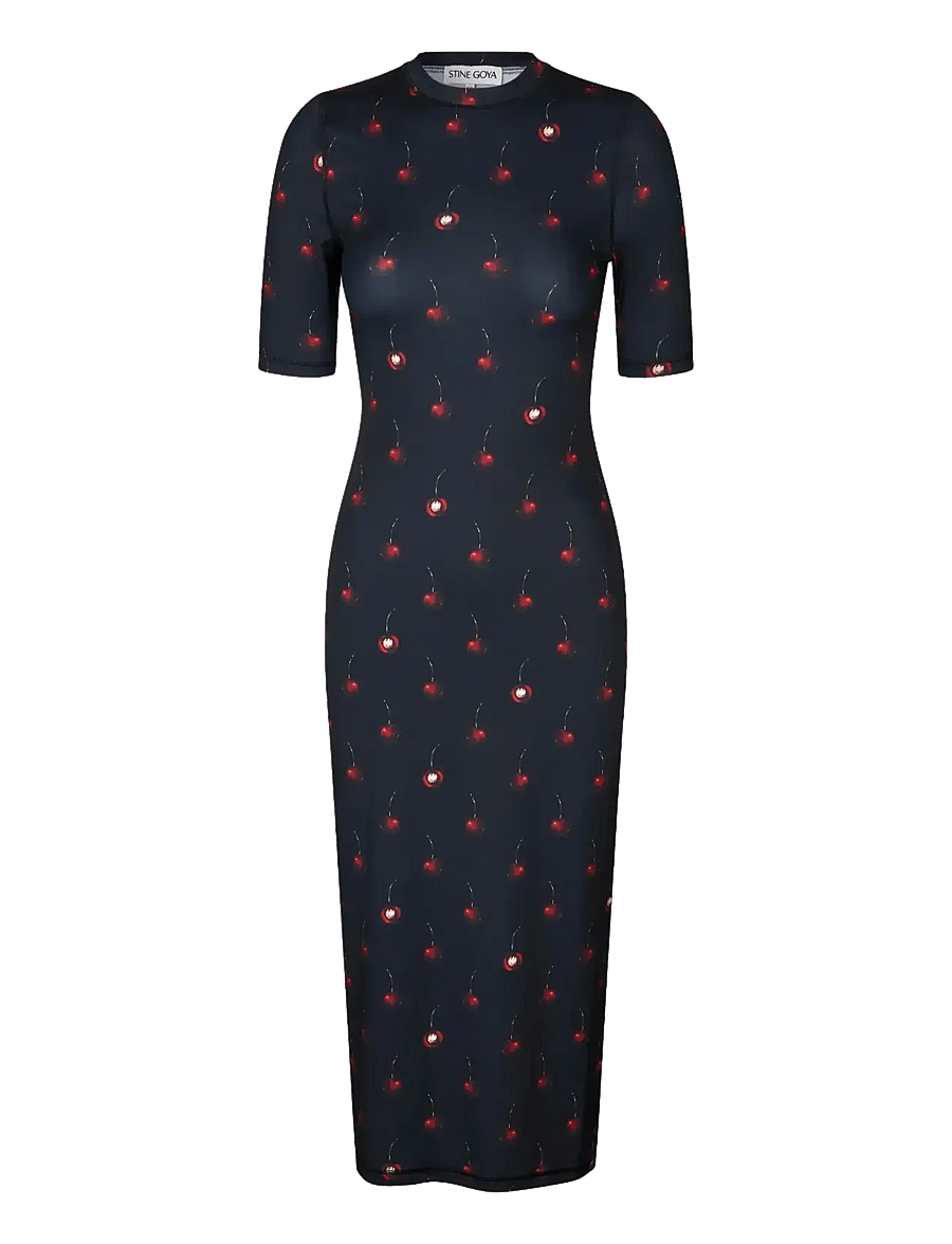 STINE GOYA - Stocking Jersey, Short Sleeve Crewneck Midi Dress - maxi dresses - cherries - 1