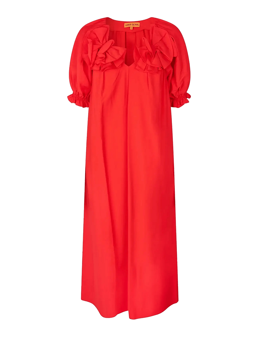 STINE GOYA - Solid Viscose, Puff Sleeve Detail Long Dress - maxikjoler - fiery red - 1