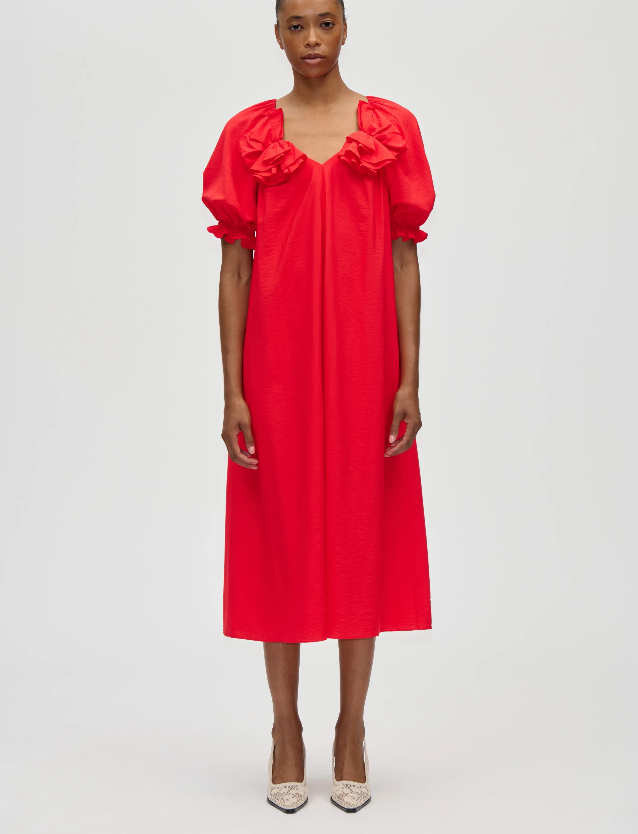 STINE GOYA Solid Viscose, Puff Sleeve Detail Long Dress - STINE GOYA - FIERY RED / red