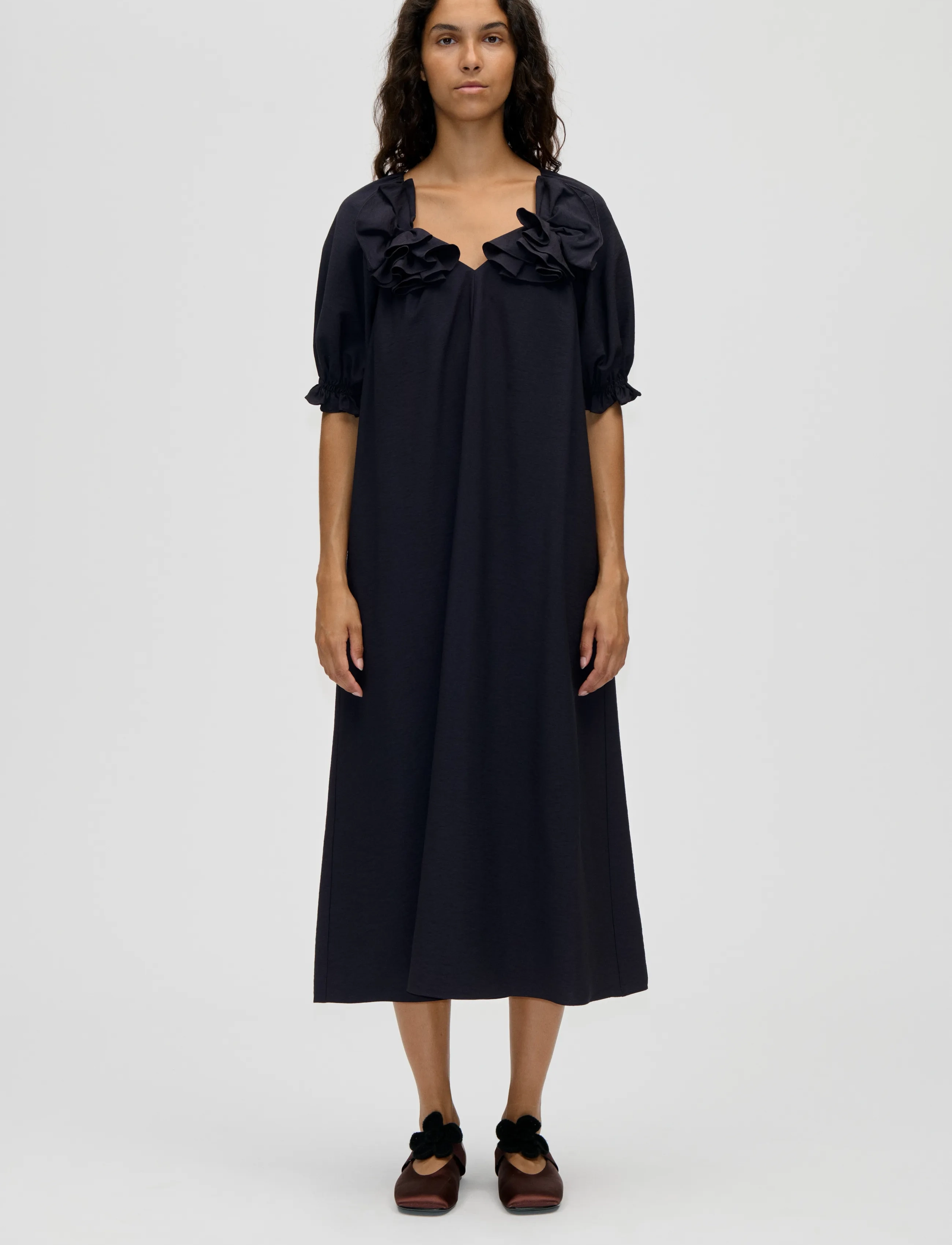 STINE GOYA Solid Viscose, Puff Sleeve Detail Long Dress - STINE GOYA - MIDNIGHT NAVY / navy