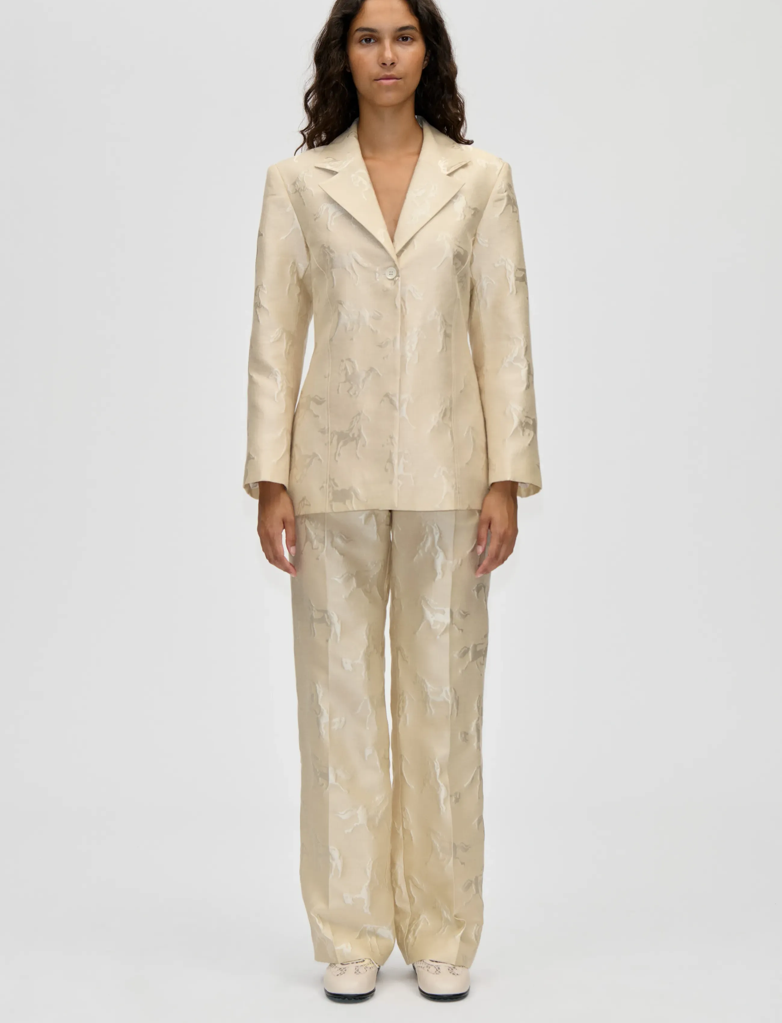 STINE GOYA Jacquard Tailoring, Structured Single-Breasted Jacket, S, Designer, Creme - Single Breasted Blazer, Frauen
