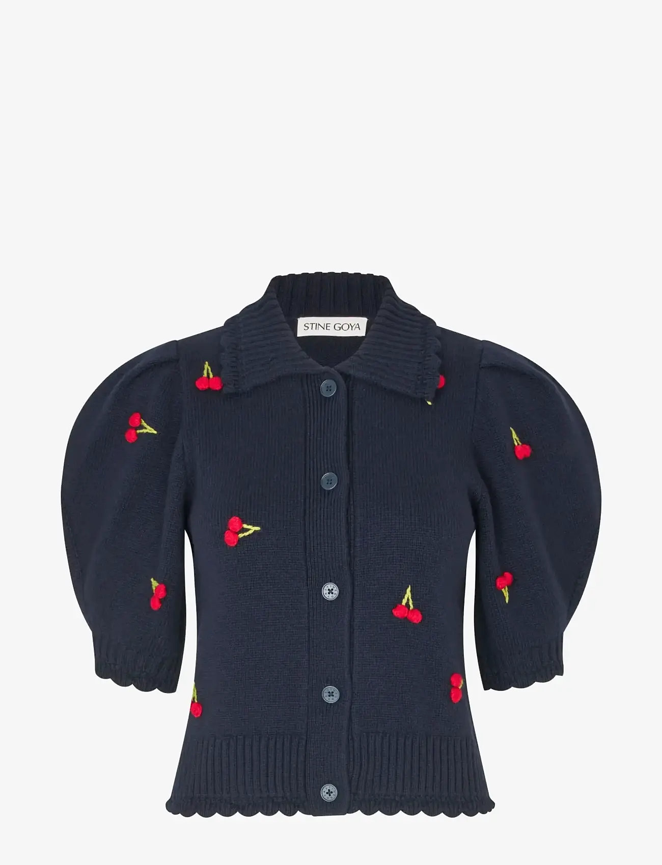 STINE GOYA - Midweight Wool, Bobble Knit Polo Cardigan - kashmir - cherries bobble - 1