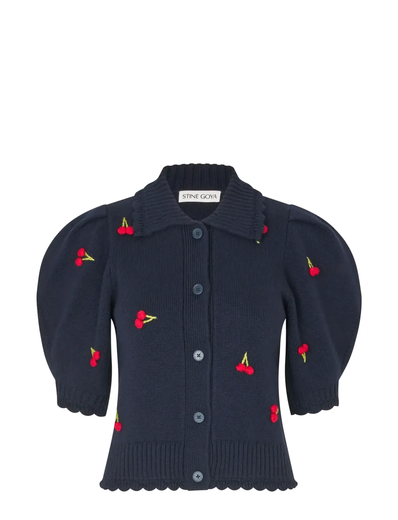 STINE GOYA Midweight Wool, Bobble Knit Polo Cardigan - Kläder - CHERRIES BOBBLE / navy