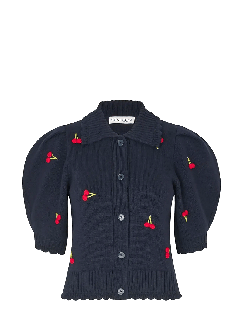 STINE GOYA - Midweight Wool, Bobble Knit Polo Cardigan - kaschmir - cherries bobble - 1