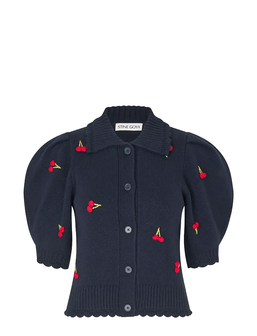 STINE GOYA - Midweight Wool, Bobble Knit Polo Cardigan - kaschmir - cherries bobble - 1