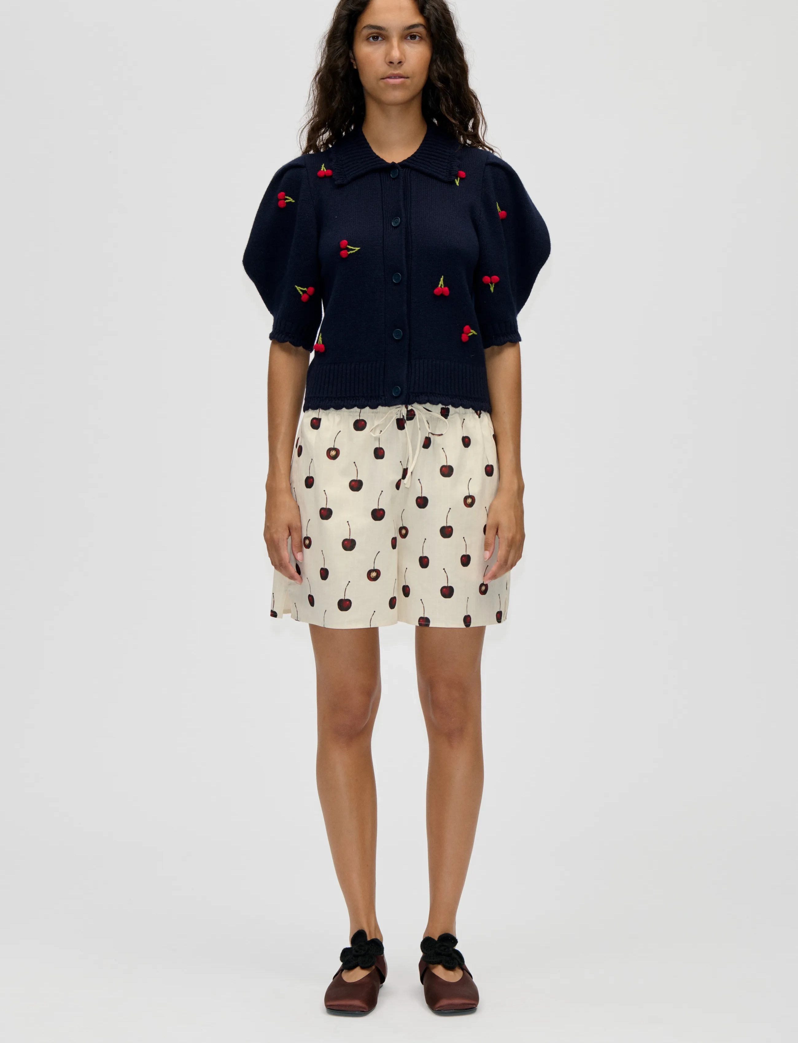 STINE GOYA Midweight Wool, Bobble Knit Polo Cardigan, Kvinder, Pufærme Strik Polo Cardigan, Navy, Str: XS