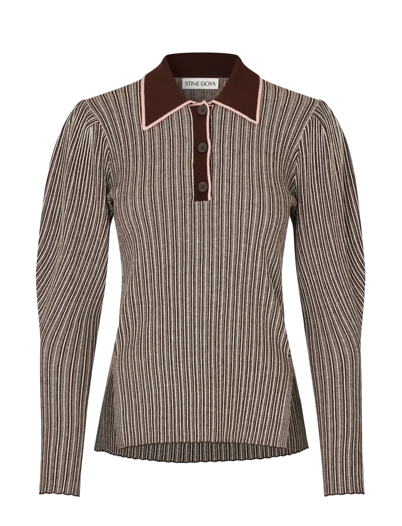 STINE GOYA Soft Rib, Long Sleeve Knit Polo - Kolekcje - IVORY STRIPES / brown