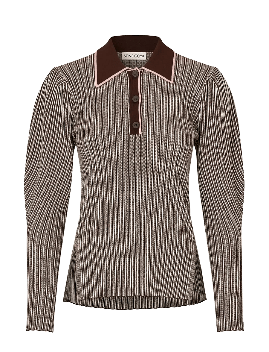 STINE GOYA - Soft Rib, Long Sleeve Knit Polo - denimskjorter - ivory stripes - 1