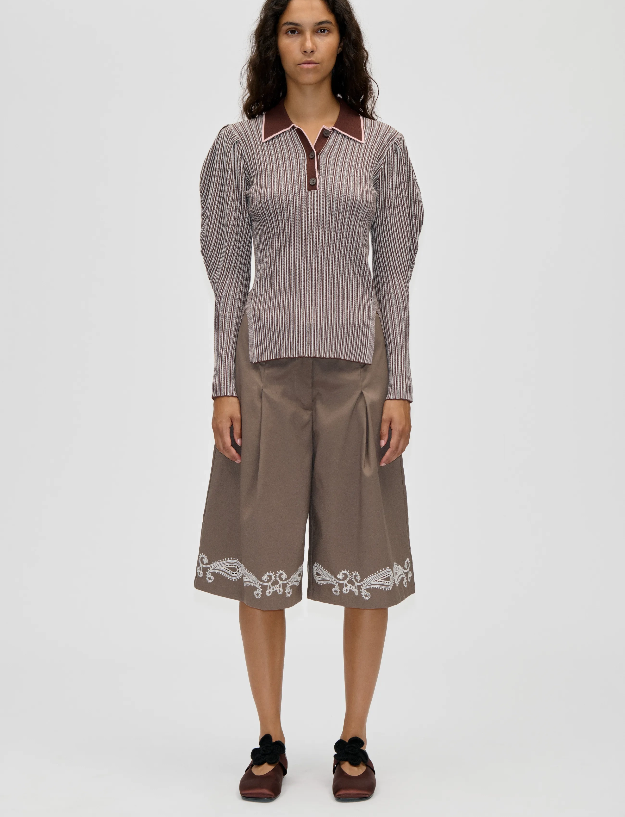 STINE GOYA Soft Rib, Long Sleeve Knit Polo - STINE GOYA - IVORY STRIPES / brown