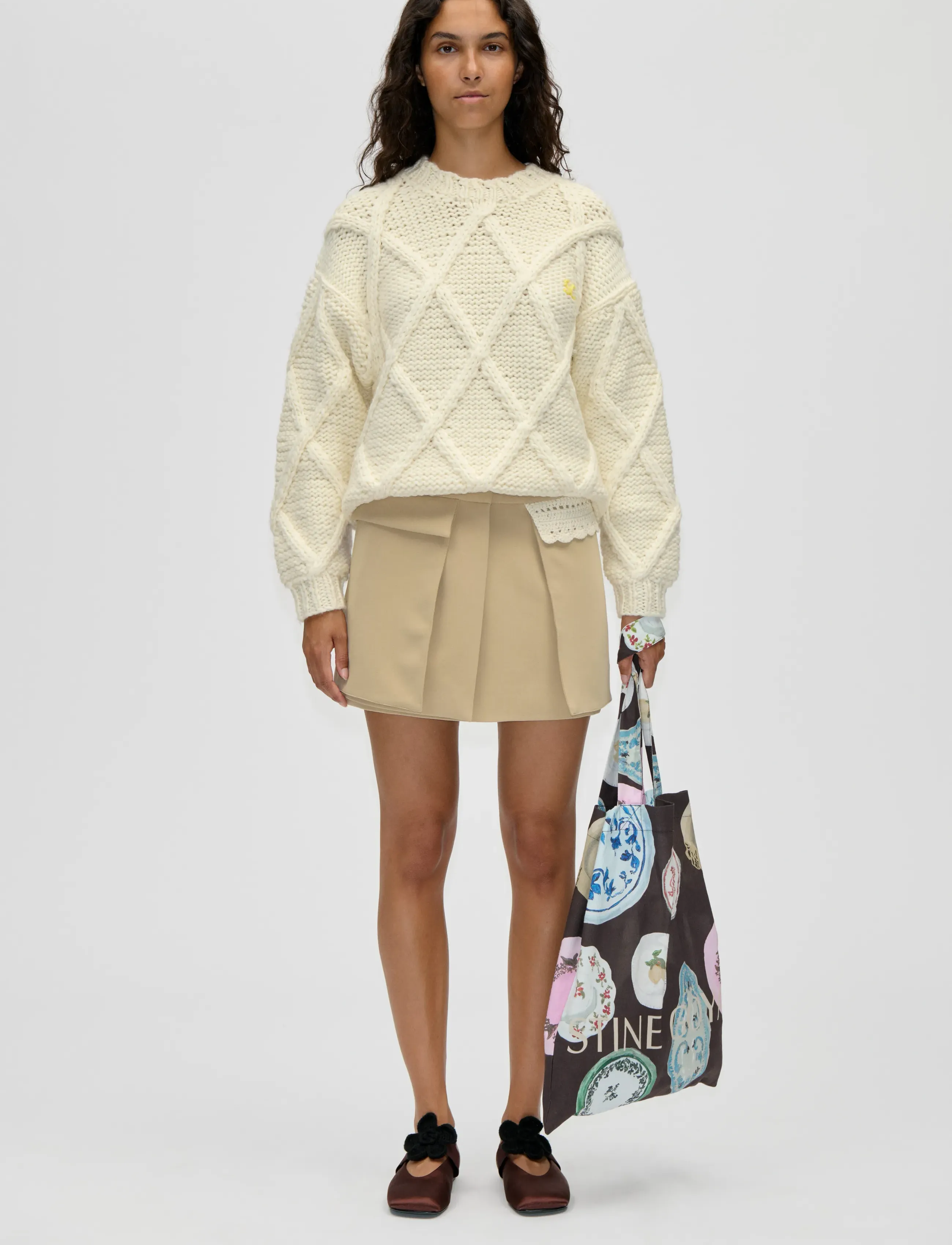 STINE GOYA Handknit, Handknit Cable Sweater - STINE GOYA - PORCELAIN CREAM / cream