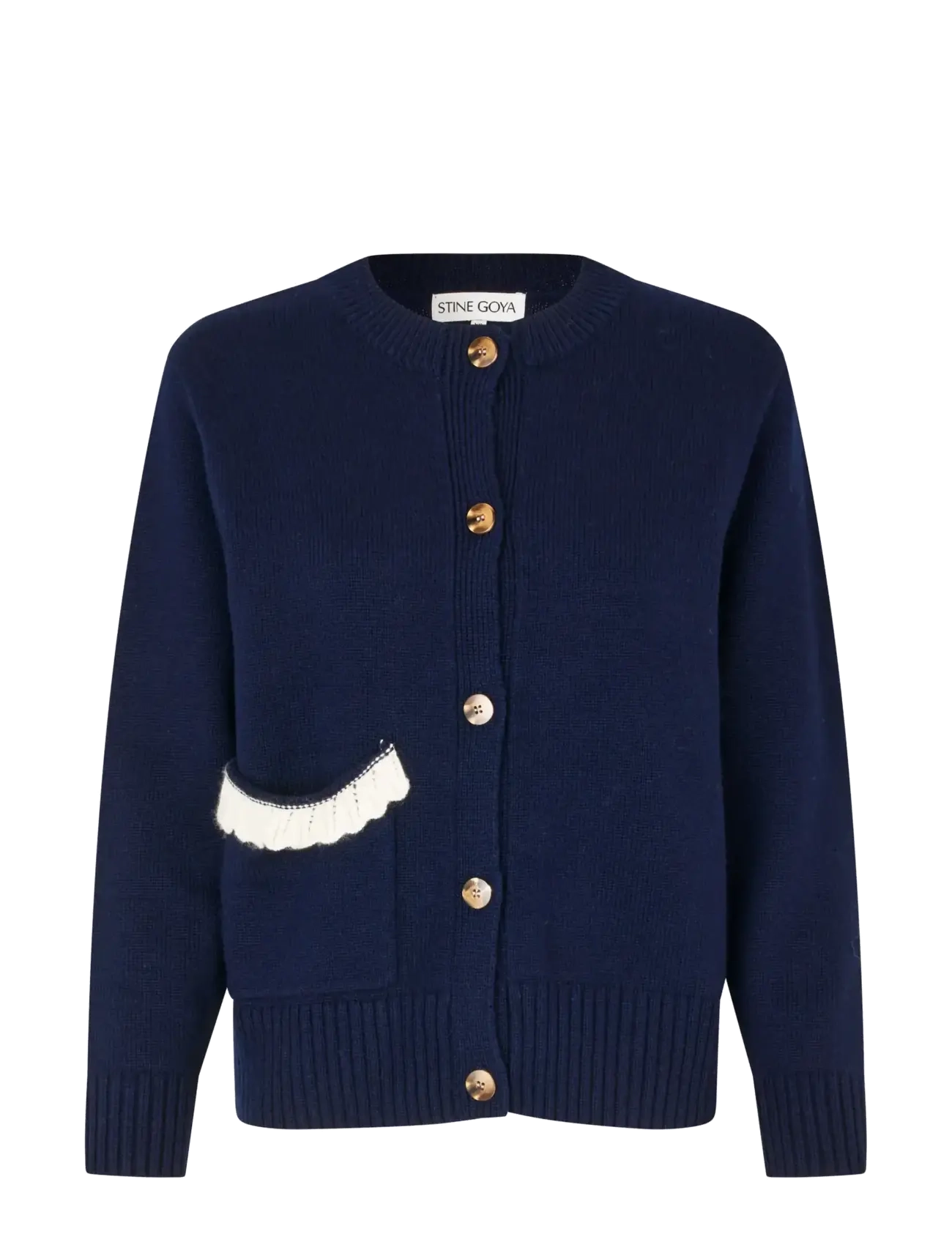 STINE GOYA Jacquard Wool Blend, Crewneck Button-up Cardigan - Transitional Layering - LUCKY HORSE / navy
