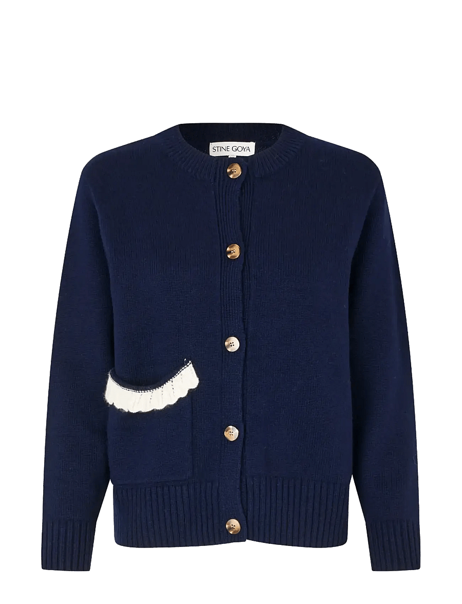 STINE GOYA - Jacquard Wool Blend, Crewneck Button-up Cardigan - kaschmir - lucky horse - 1