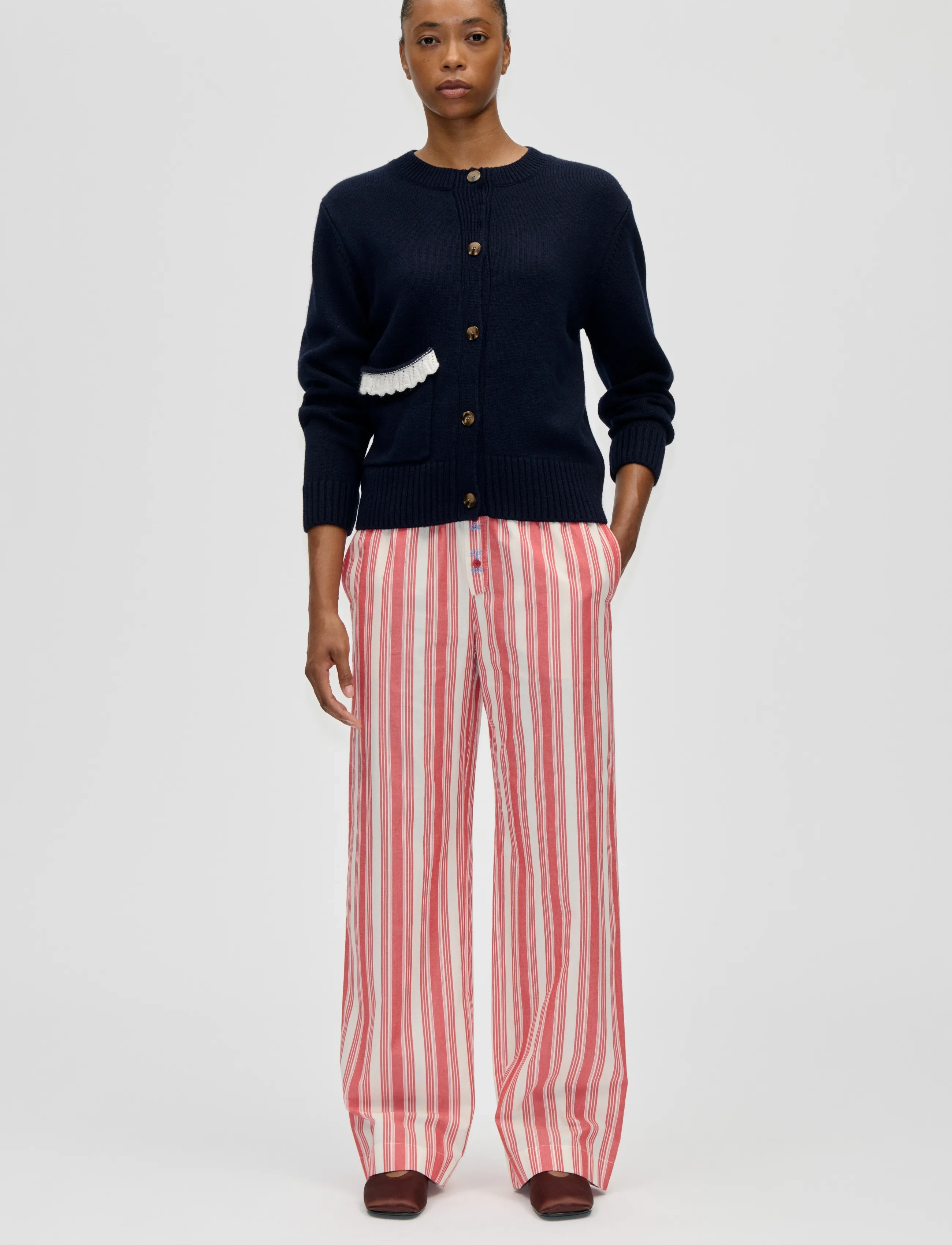 STINE GOYA Jacquard Wool Blend, Crewneck Button-up Cardigan - Riided - LUCKY HORSE / navy