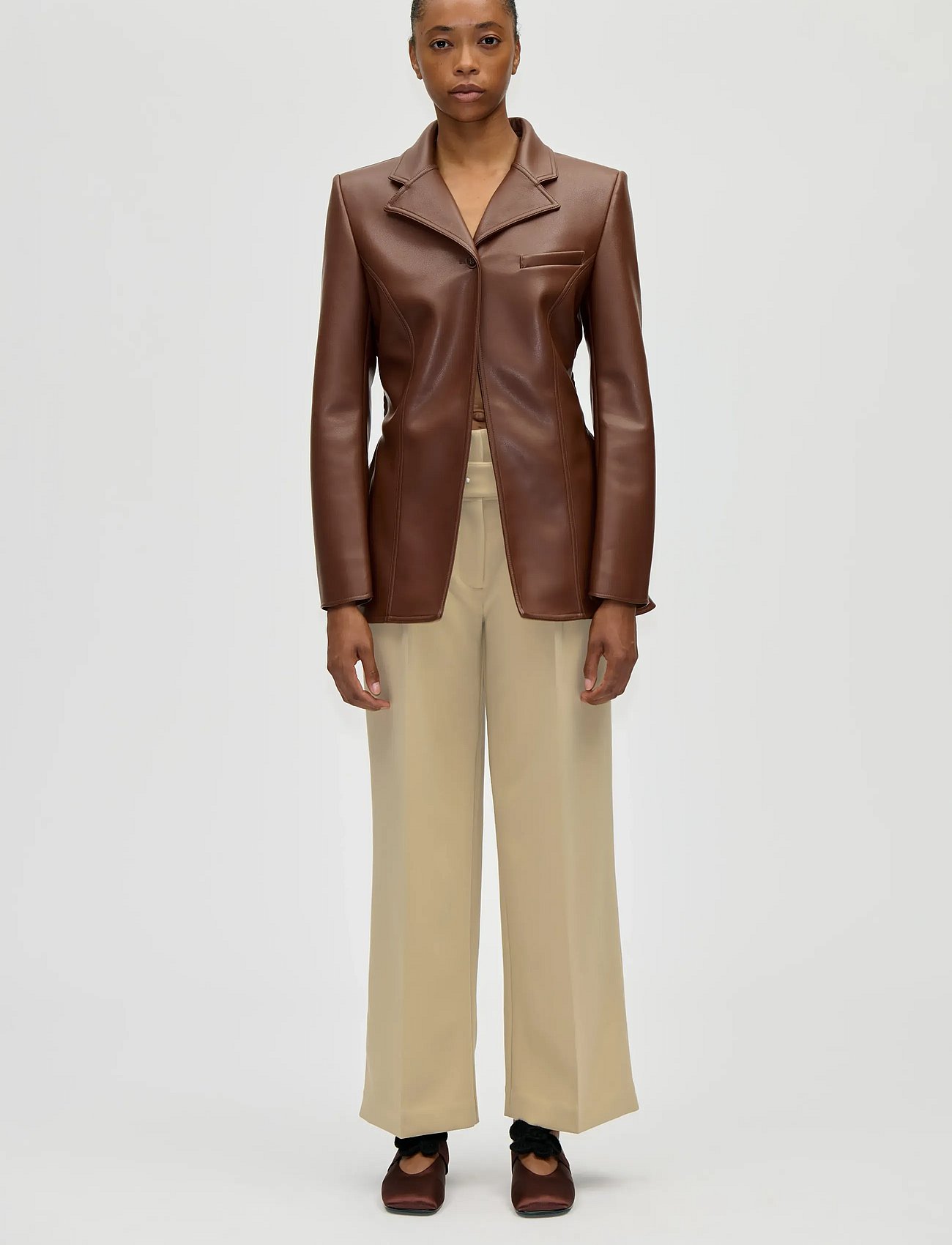 2495 Bonded Faux Leather, Fitted Single Breasted Jacket - COCOA