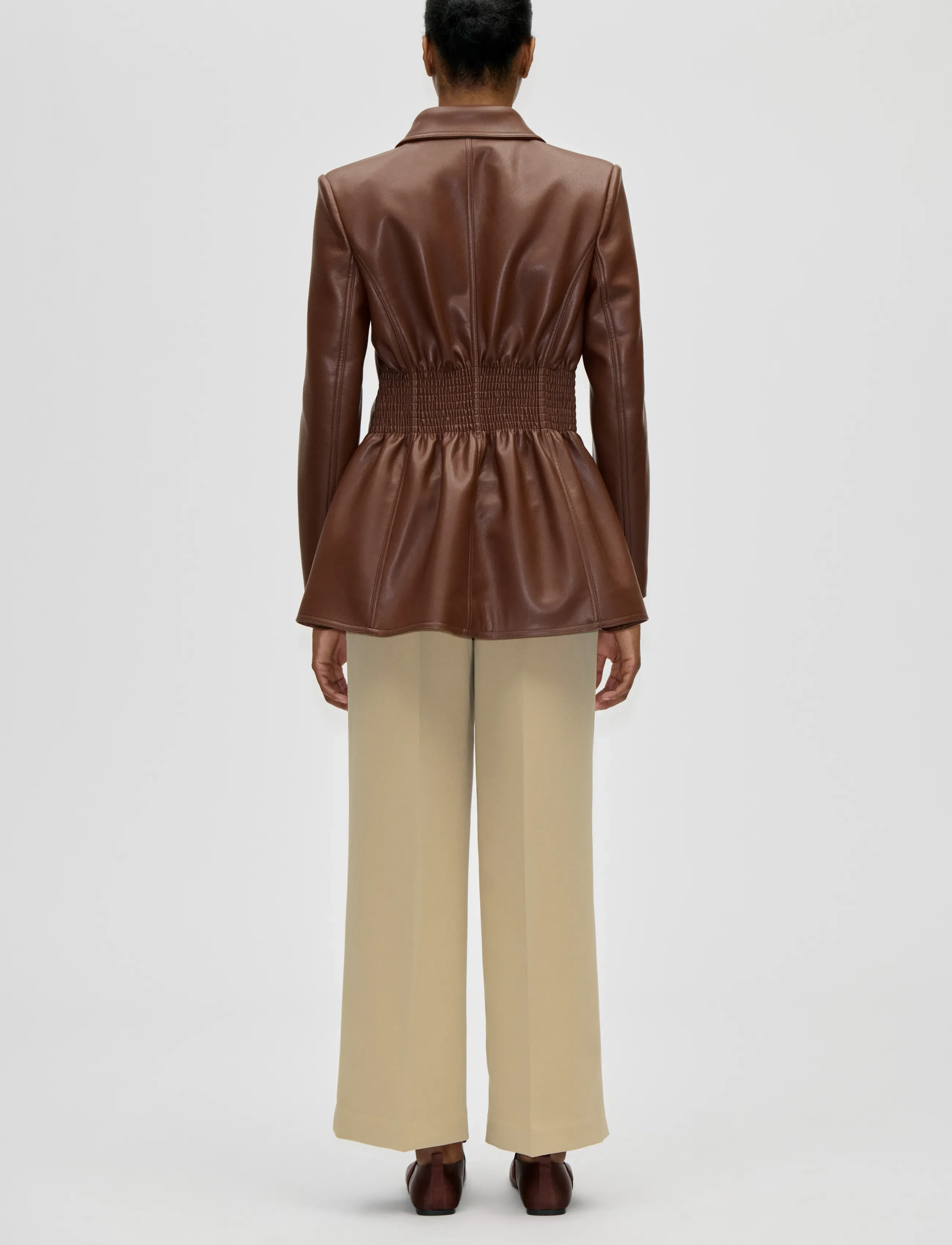STINE GOYA - 2495 Bonded Faux Leather, Fitted Single Breasted Jacket - single breasted blazers - cocoa - 3