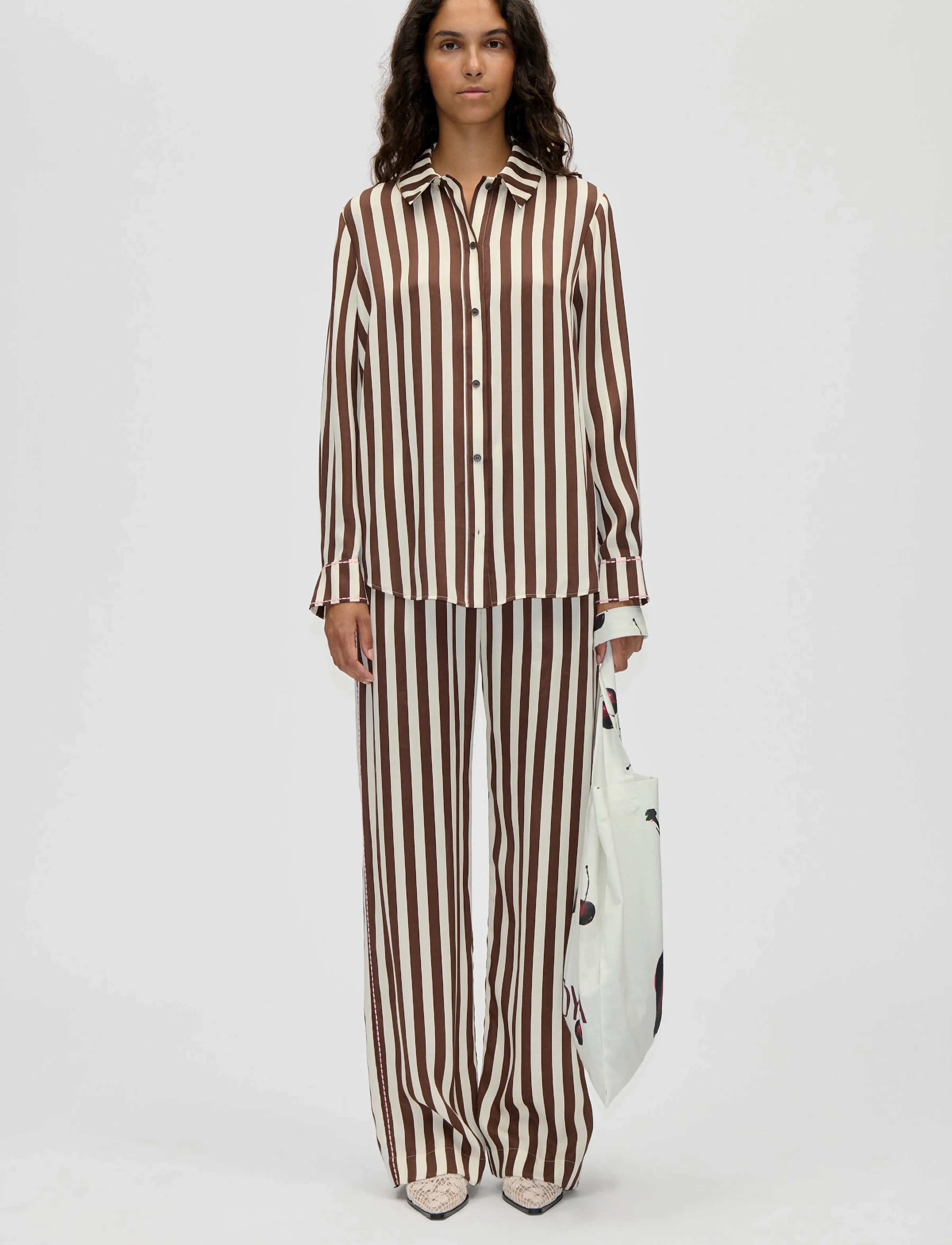 STINE GOYA Dry Viscose, Elasticated Long Pants, Kvinder, Stribede Elastikbukser, Brun, Str: XS