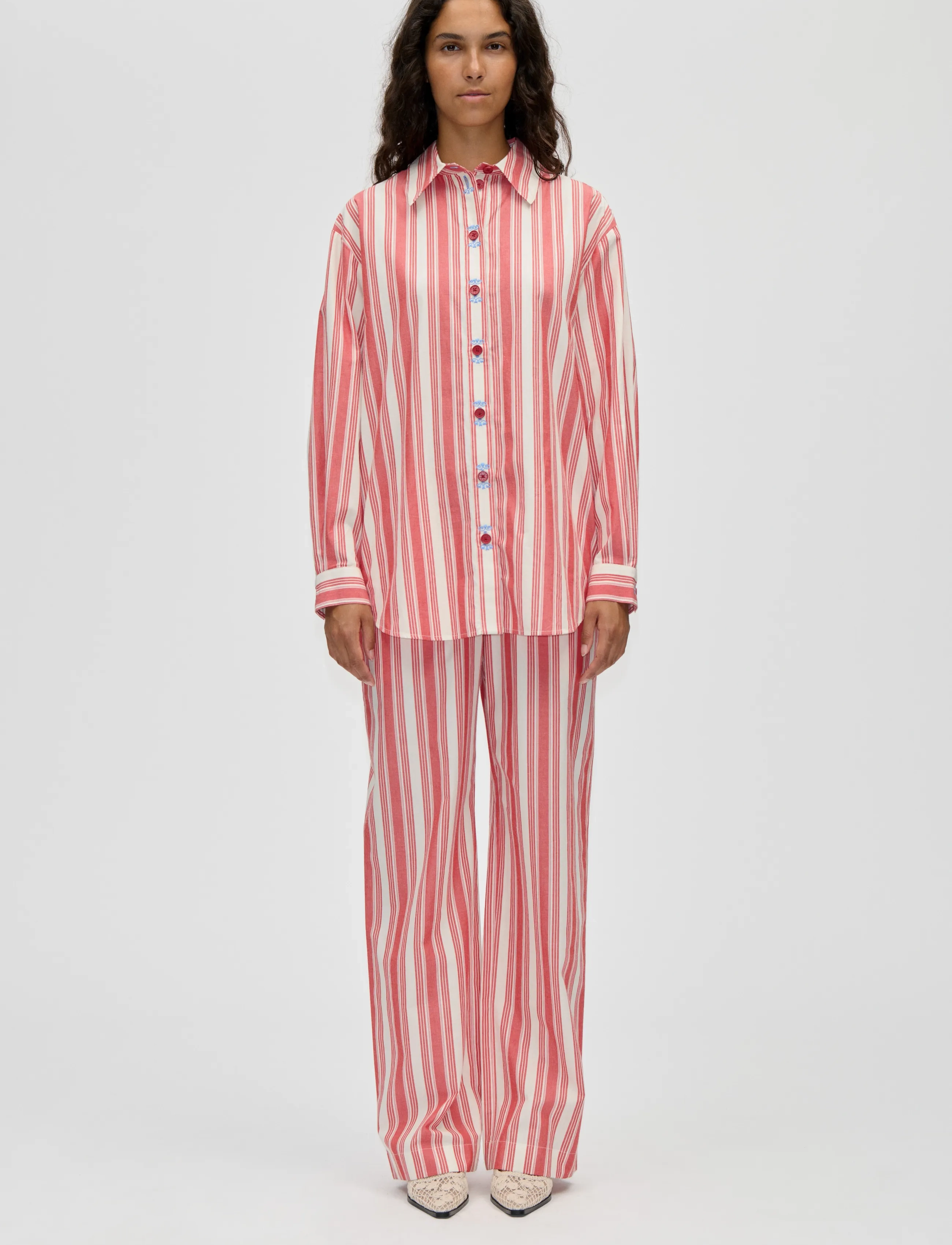 STINE GOYA Striped Embroidered Cotton, Gathered Boxer Pants - Transitional Layering - SCARLET TROT / red