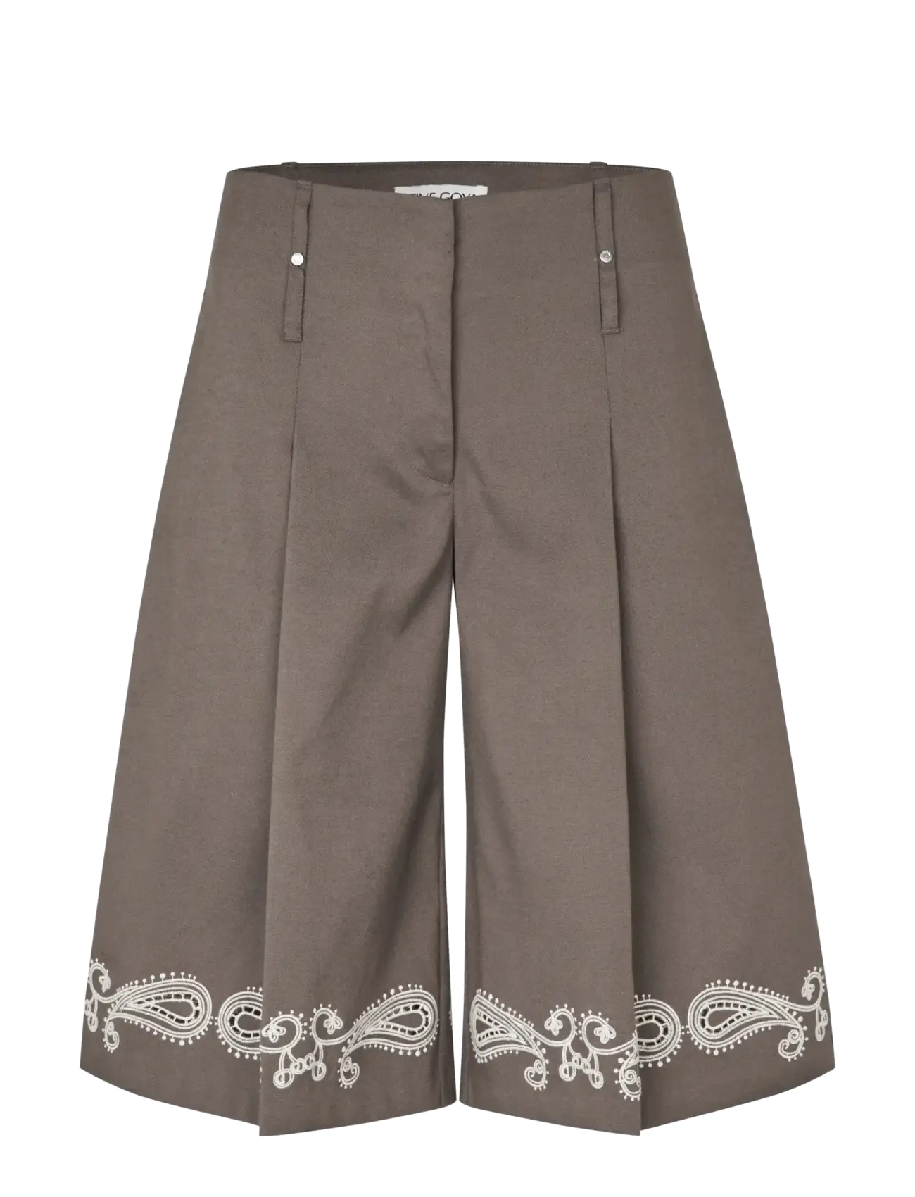 STINE GOYA Embroidered Canvas, Pleated Eyelet Bermuda - Shorts - CHERRIES ON A PAISLEY / brown