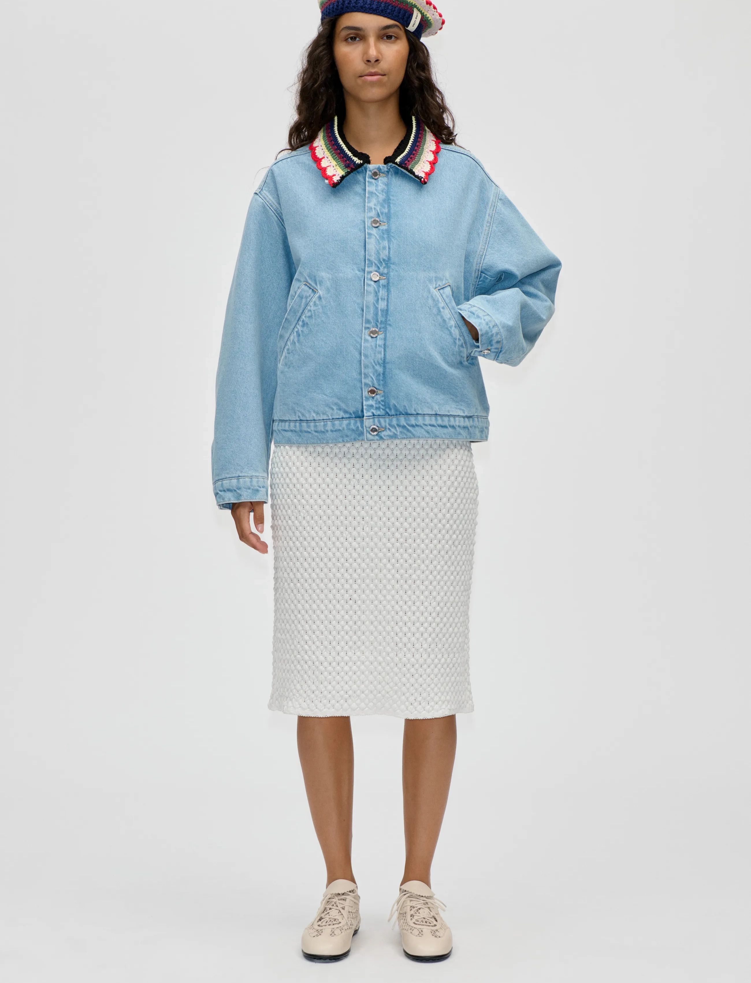 STINE GOYA Crochet Lace, Pencil Elasticated Skirt, S, White, Designere > Pencil Nederdele, Dame