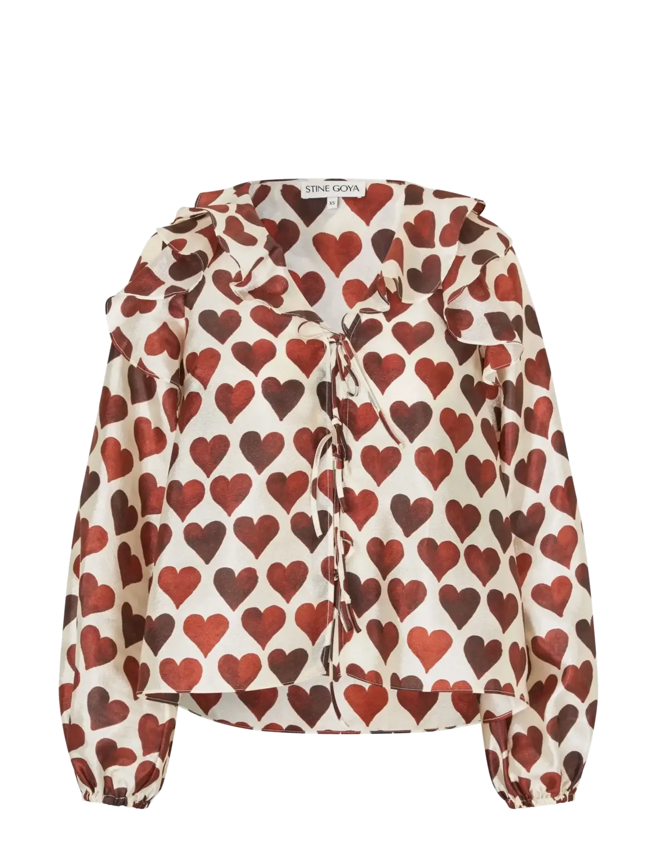 STINE GOYA Flat Textured Poly, Multi Ruffle Raglan Top - Transitional Layering - HEARTS / red