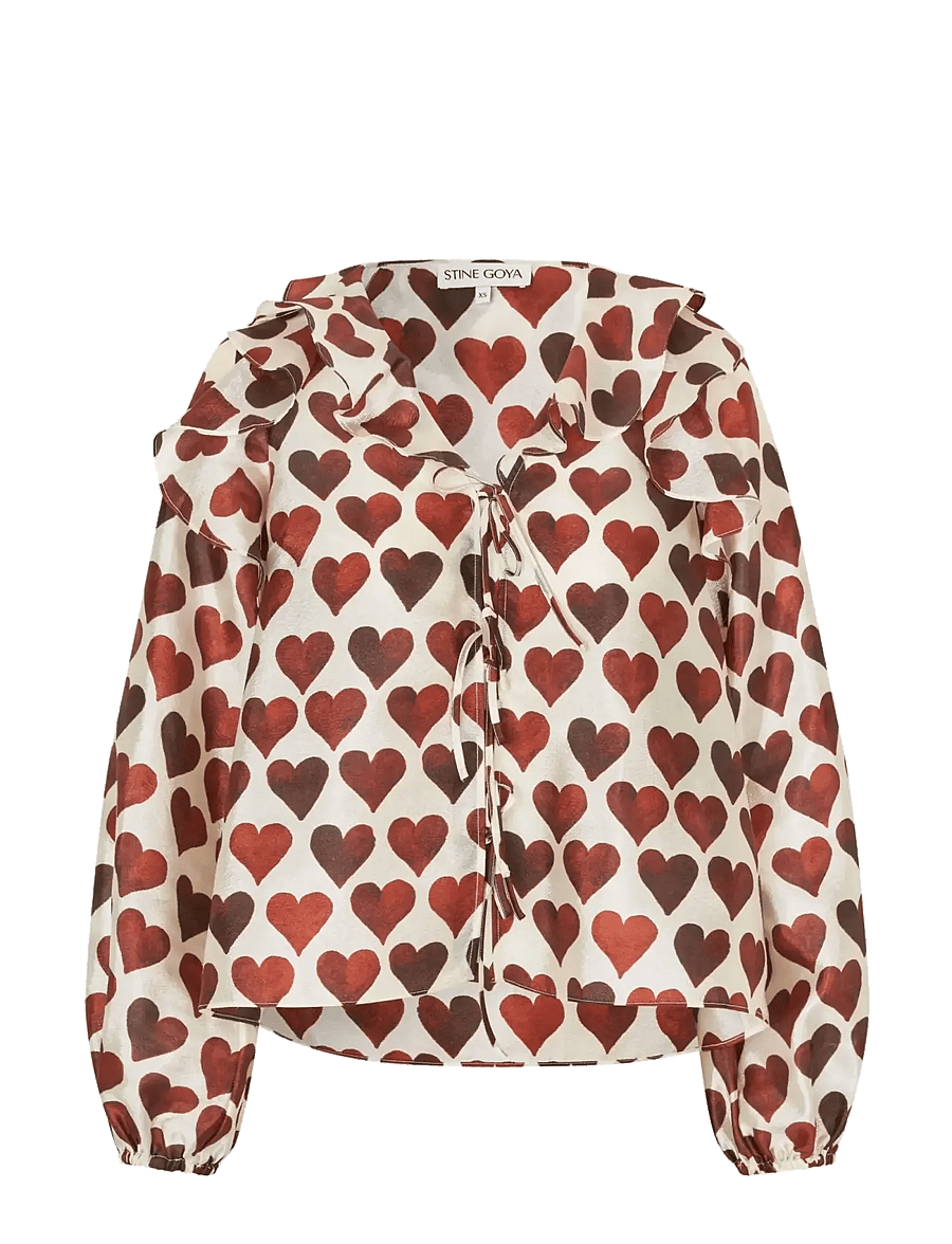 STINE GOYA - Flat Textured Poly, Multi Ruffle Raglan Top - langärmelige blusen - hearts - 1