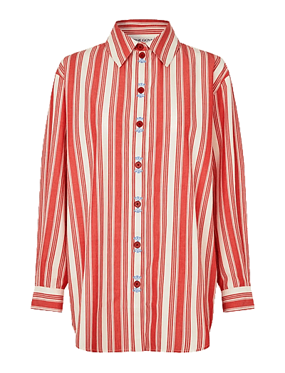 Striped Embroidered Cotton, Loose Long Sleeve Shirt - LangæRmede