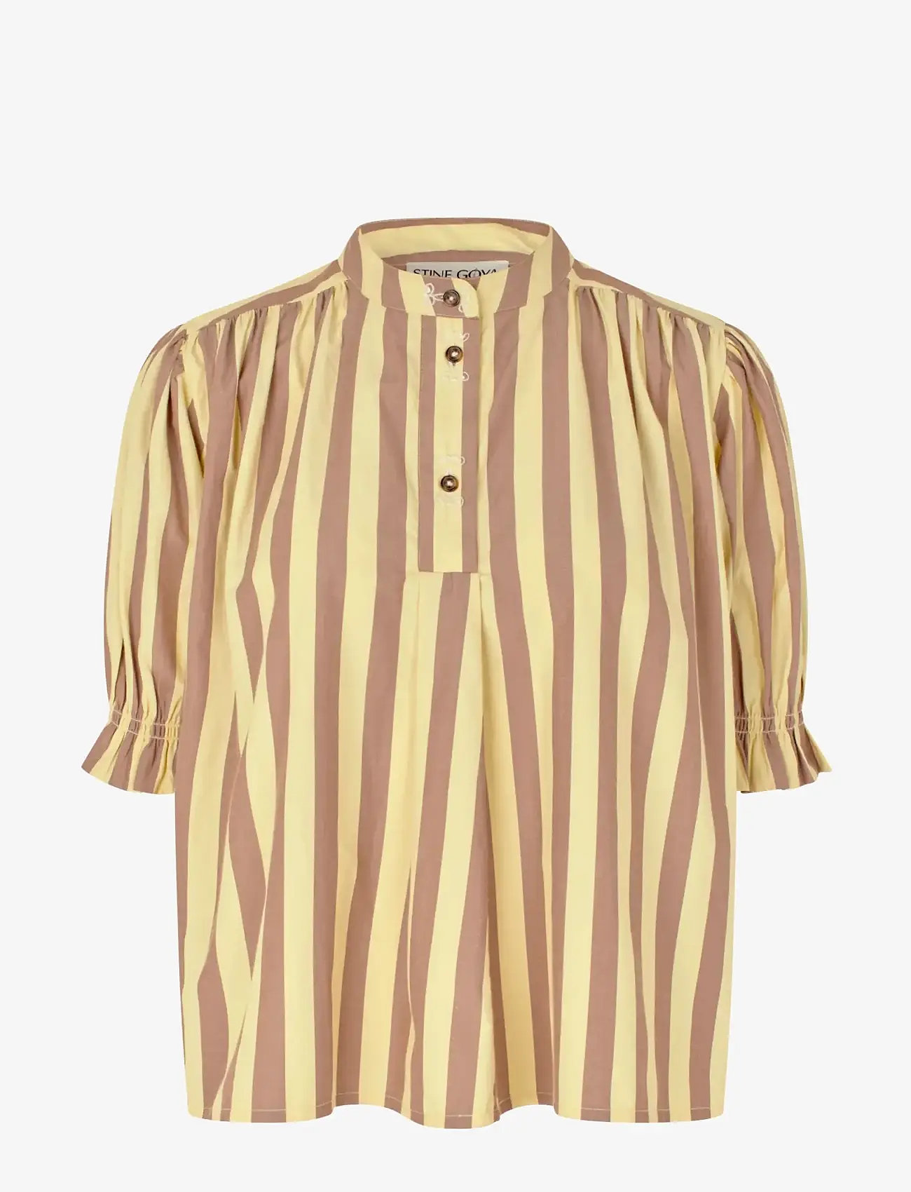 STINE GOYA - Soft Striped Embroidery, Smocked Gathered Top - denim shirts - equestrian sun - 1