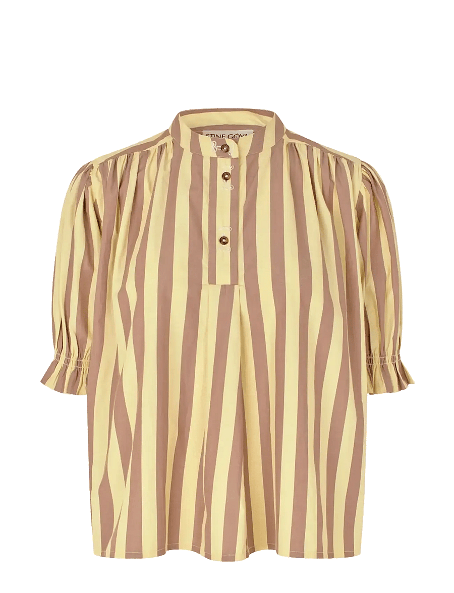 STINE GOYA - Soft Striped Embroidery, Smocked Gathered Top - denimskjorter - equestrian sun - 1