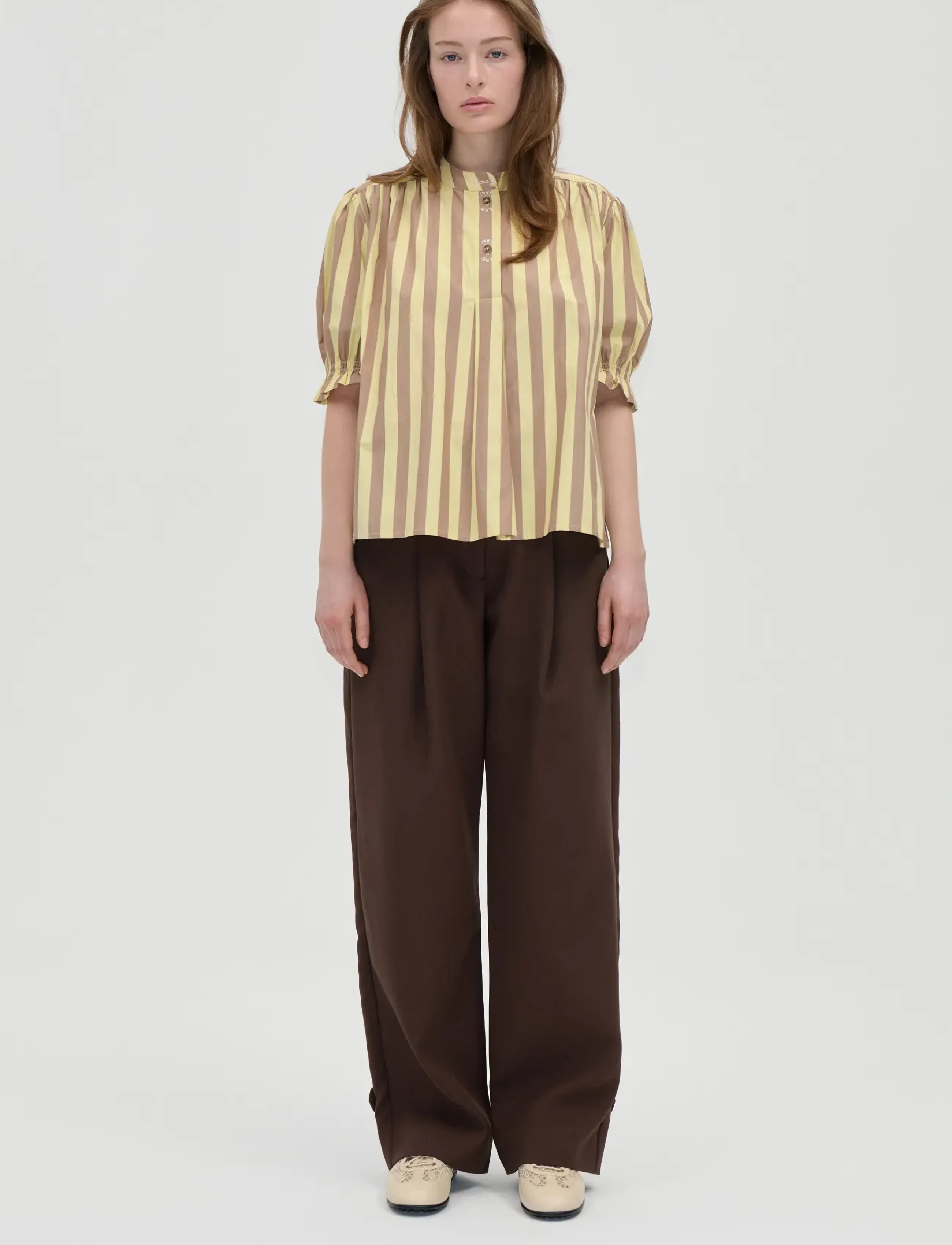 STINE GOYA Soft Striped Embroidery, Smocked Gathered Top - Riided - EQUESTRIAN SUN / yellow