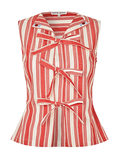 Striped Embroidered Cotton, Tie Front Vest - æRmeløSe Bluser
