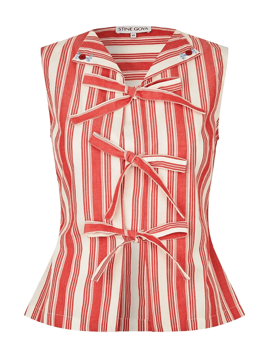 STINE GOYA - Striped Embroidered Cotton, Tie Front Vest - varrukateta pluusid - scarlet trot - 1