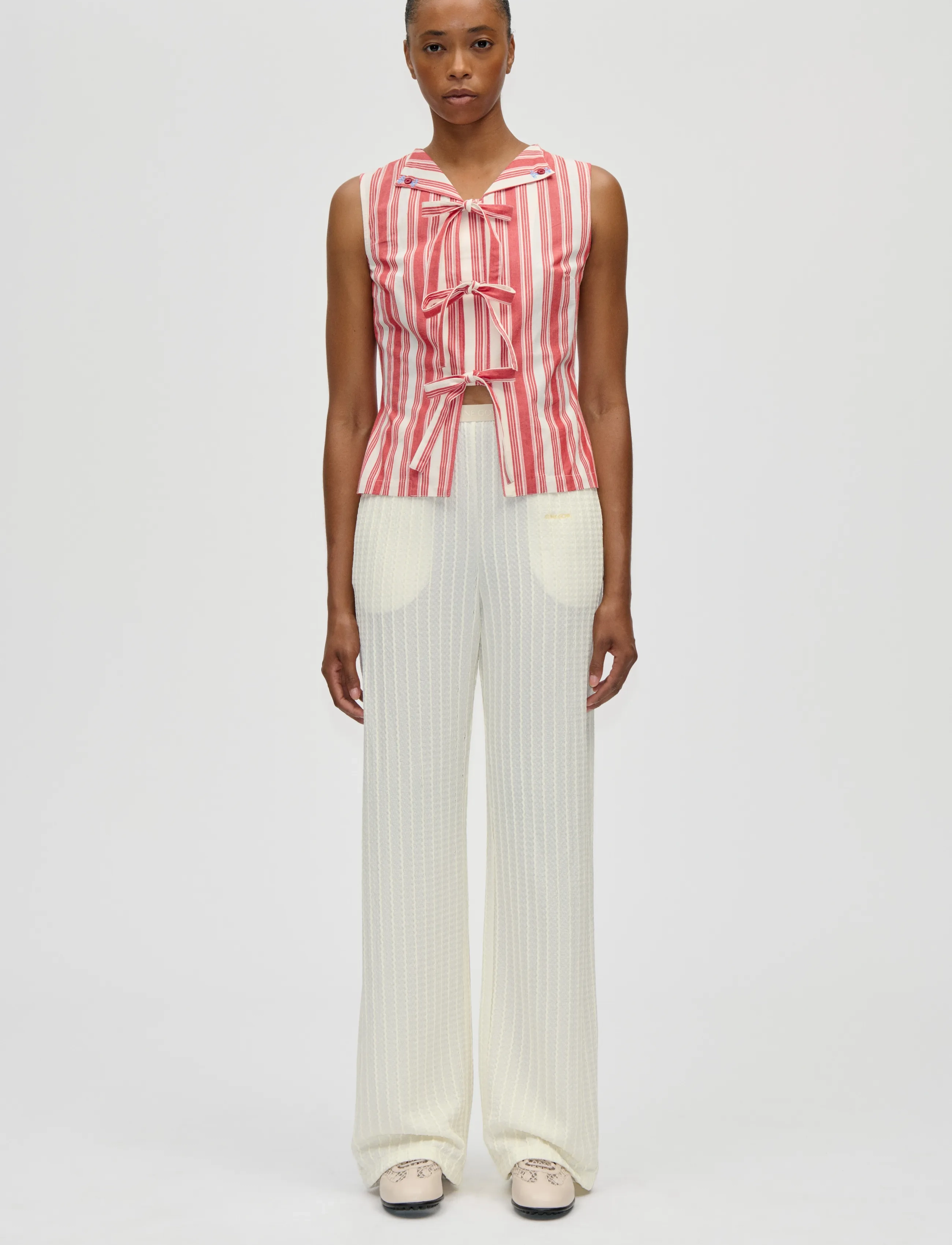 STINE GOYA Striped Embroidered Cotton, Tie Front Vest - Blusen - SCARLET TROT / red